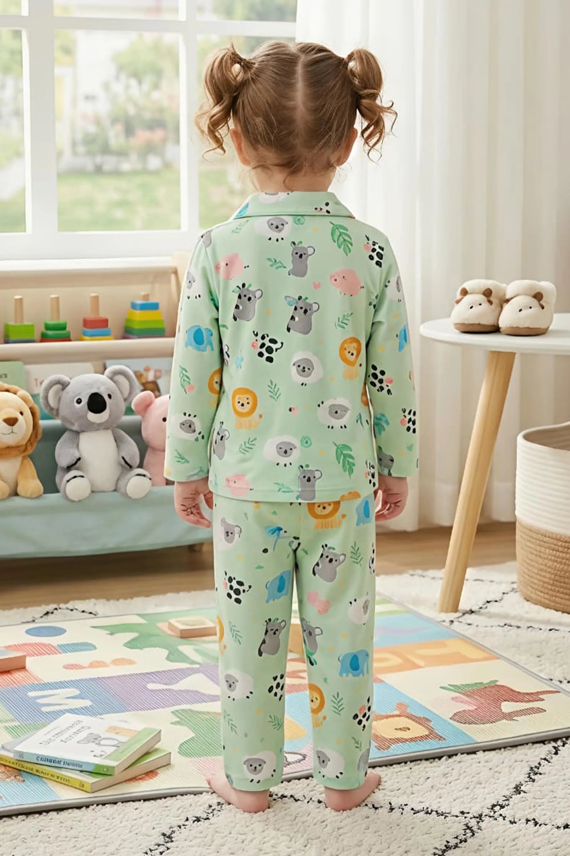 Kids Mint Green Animal Print Satin Nightsuit Set