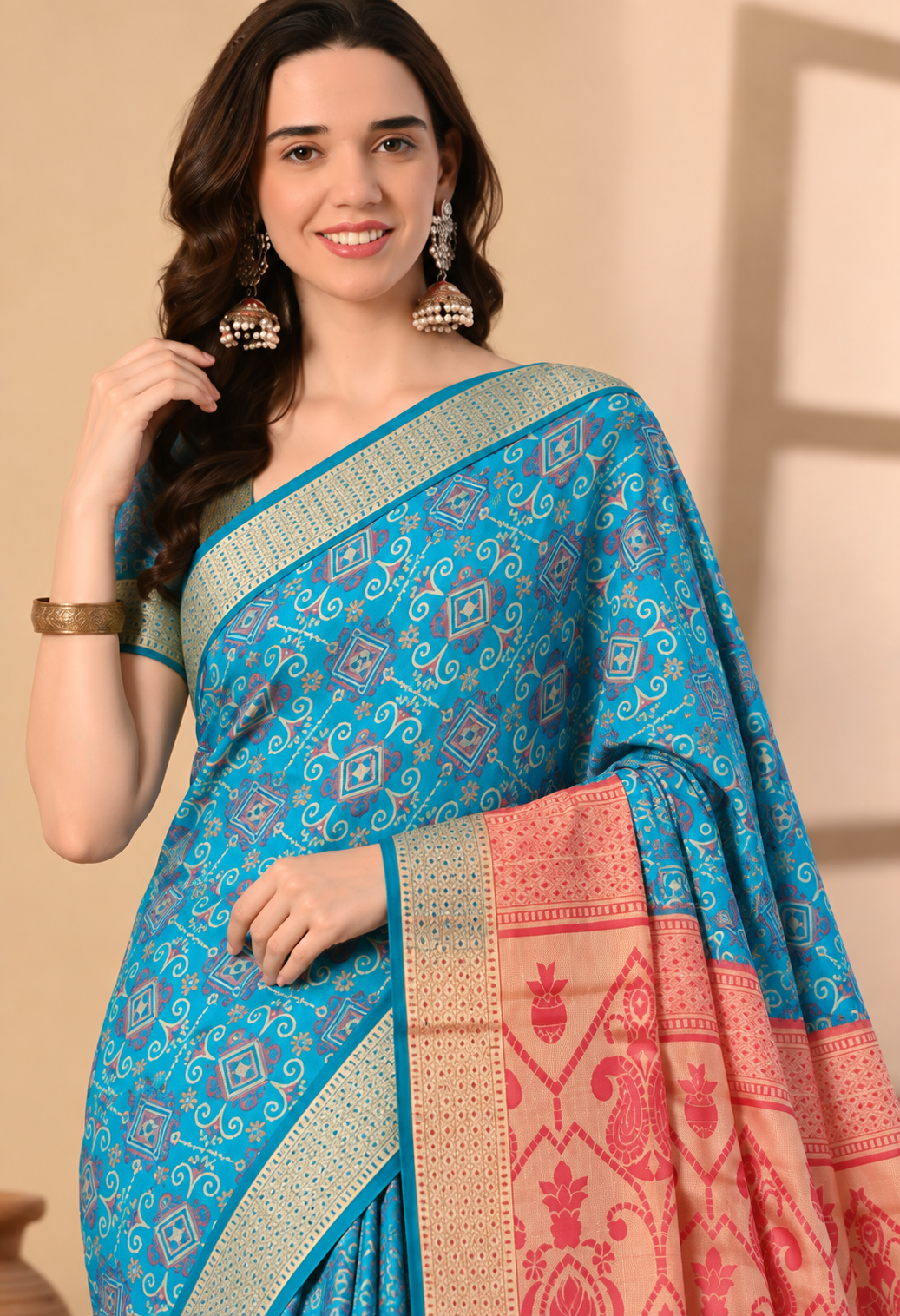 Turquoise Blue & Peach Traditional Woven Printed Saree with Designer Pallu