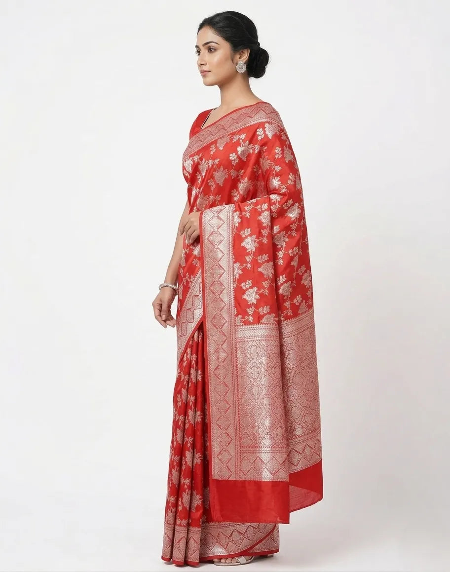 Red Banarasi Silk Blend Woven Design Saree