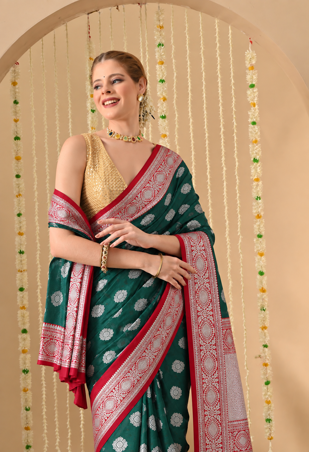 Green & Crimson Red Banarasi-Style Woven Art Silk Saree