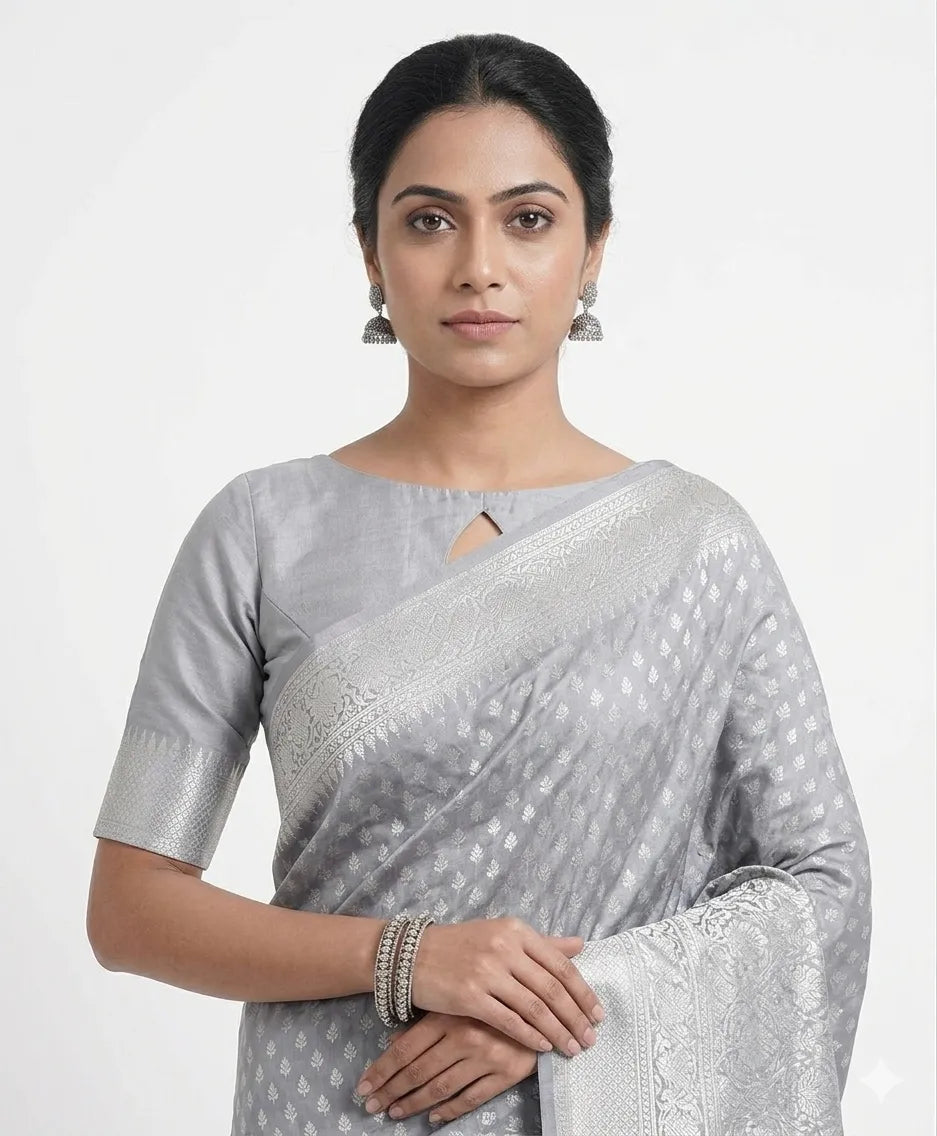 Grey & Silver-Toned Woven Design Banarasi Silk Saree with Unstitched Blouse Piece
