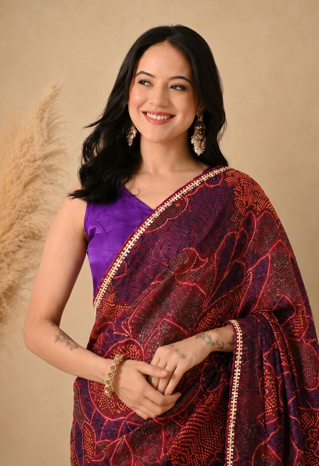 Women Maroon & Blue Bandhani Printed Georgette Saree with Decorative Border