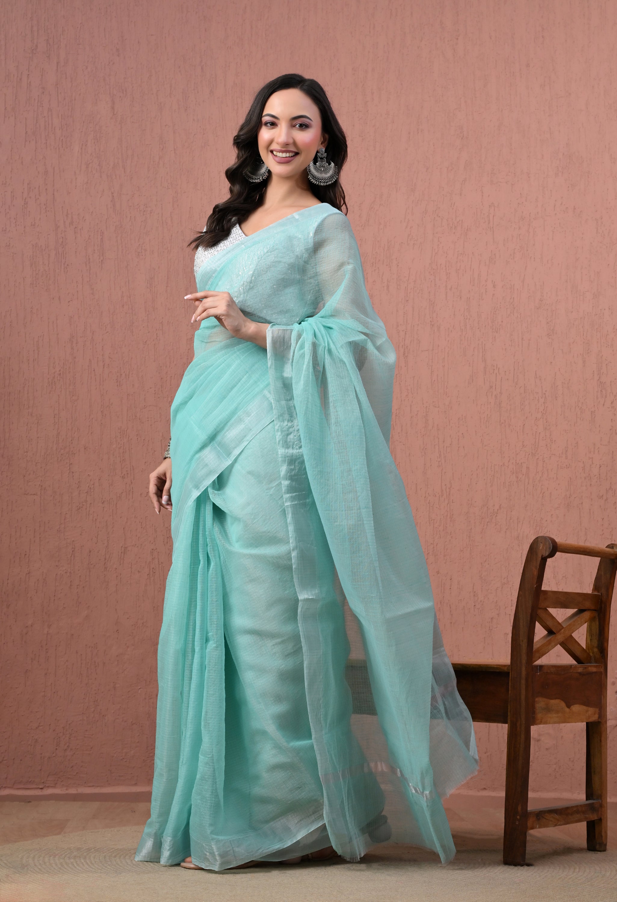 Pure Cotton Saree in Sea Green with Silver Zari Border