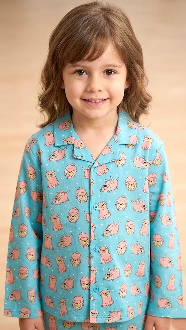 Girls  Pure Cotton Blue & Pink Puppy Print Night Suit