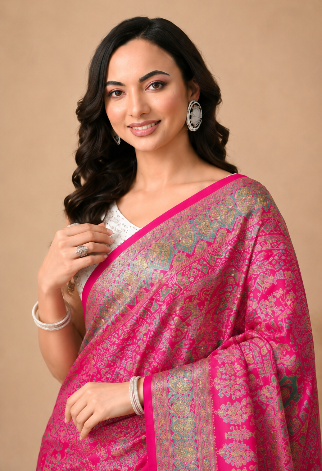 Women Pink Georgette Ethnic Printed Saree with Intricate Embellished Detailing