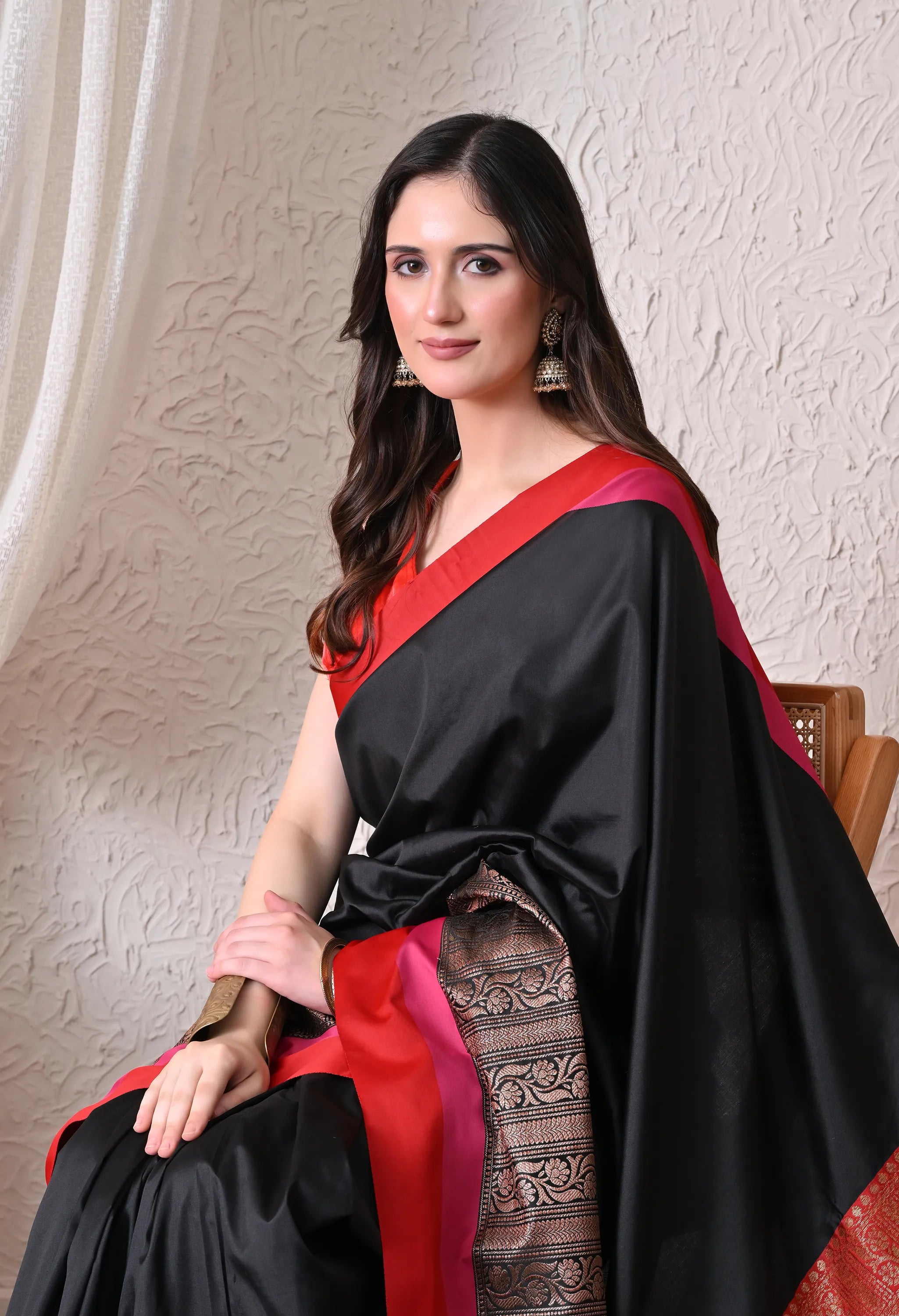 Midnight Black Silk Blend Saree with Multi-Toned Crimson and Pink Border