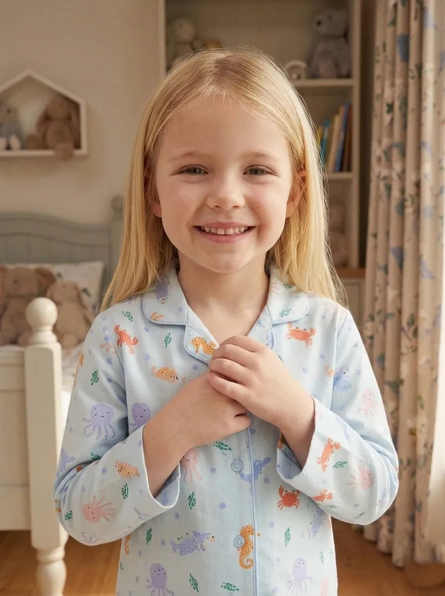 Kids Blue Sea-Life Printed Satin Long-Sleeved Nightsuit