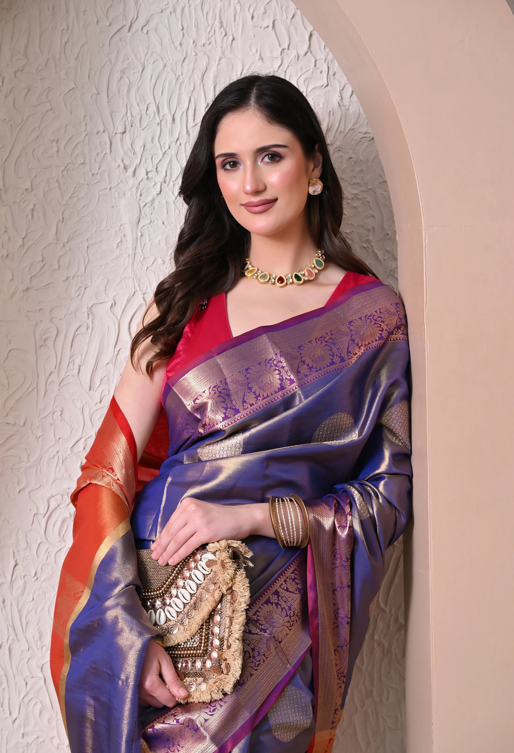 Regal Royal Blue Silk Blend Saree with Contrast Border and Golden Zari Details