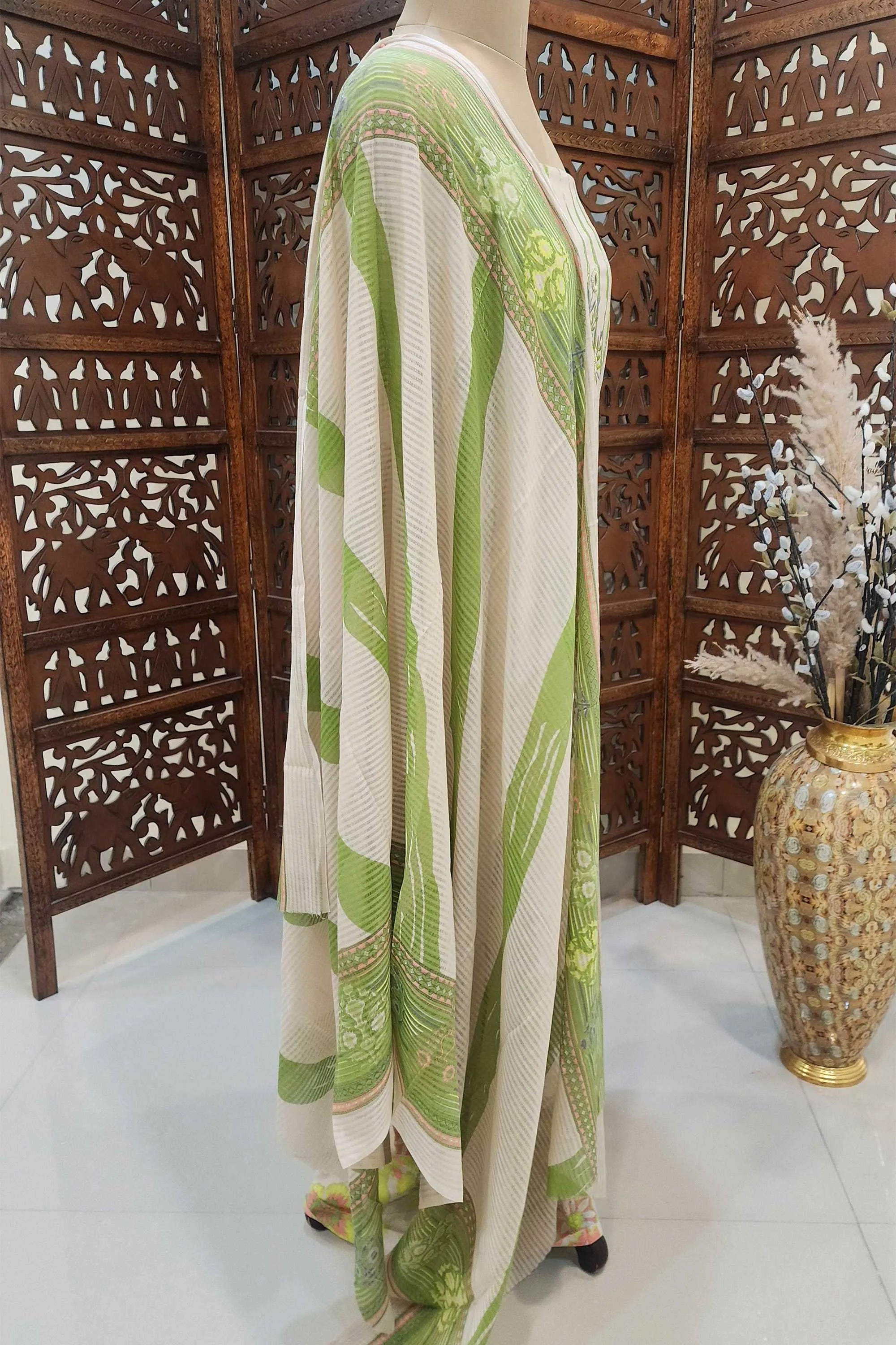 Off-White & Green Floral Printed Unstitched Pure Cotton Dress Material with Dupatta