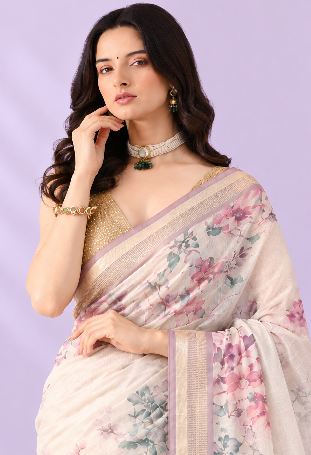 Elegant Ivory Floral Printed Saree with Soft Pink & Green Accents