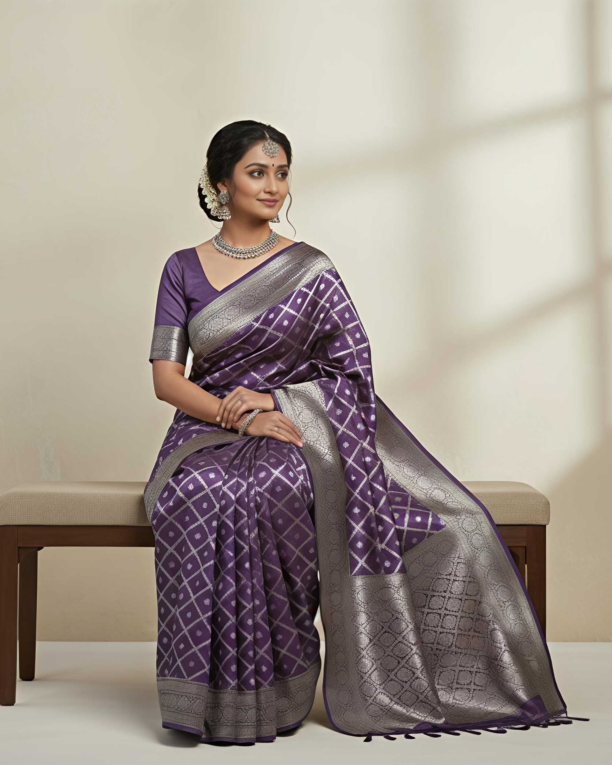Women Purple & Silver-Toned Woven Design Zari Banarasi Silk Blend Saree