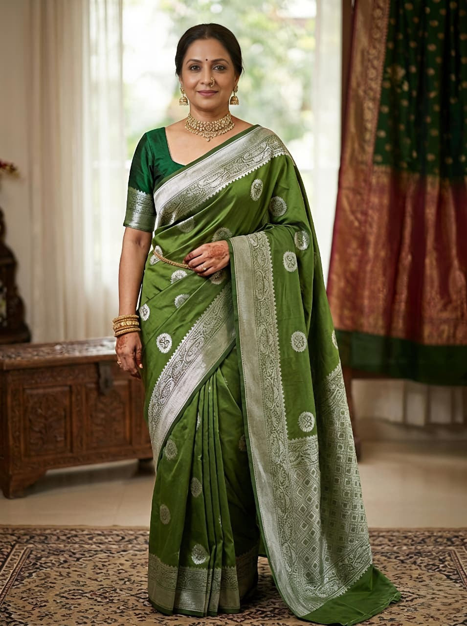 Olive Green & Silver-Toned Art Silk Woven Design Banarasi Saree