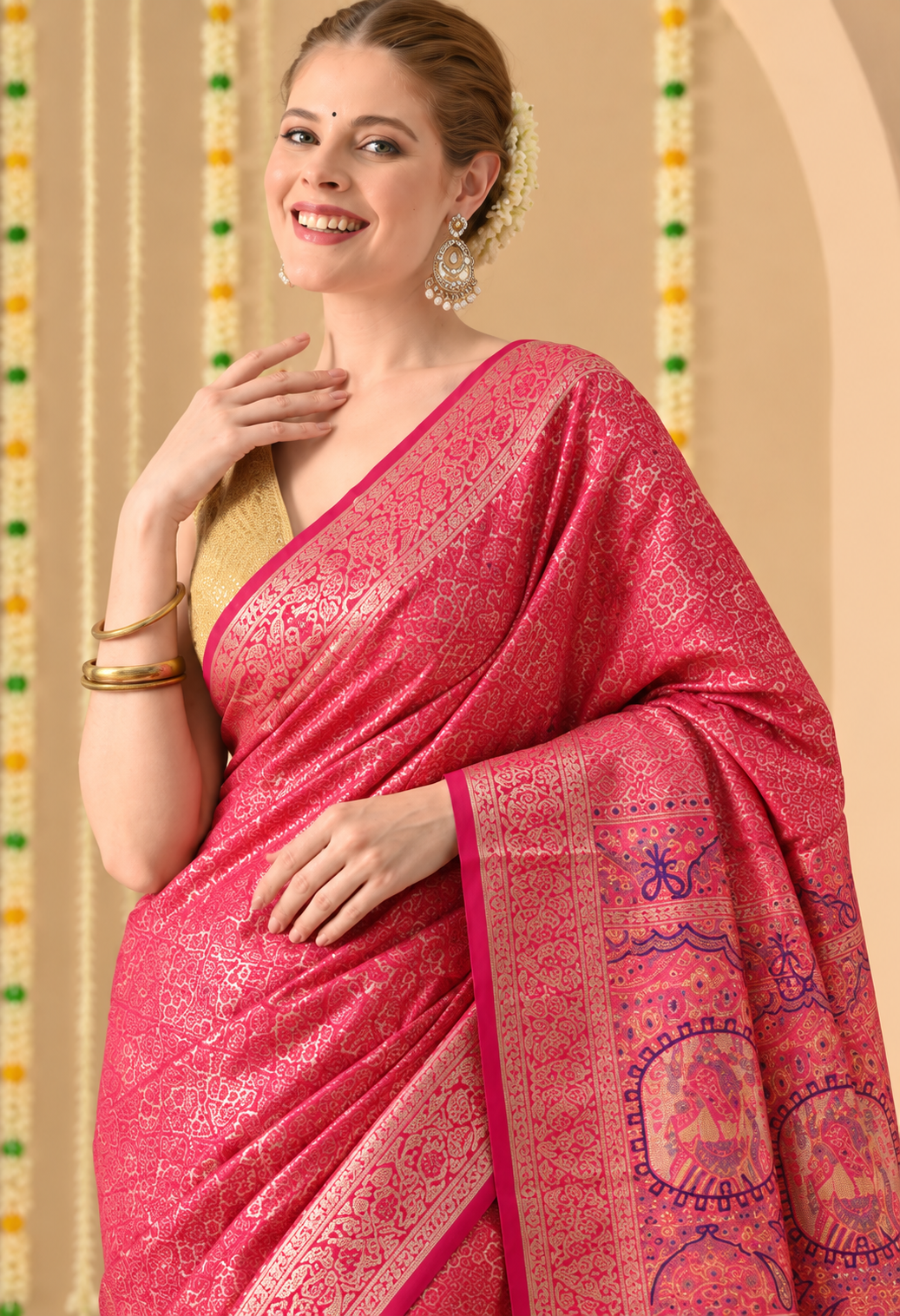 Wine Red Printed Silk Blend Saree