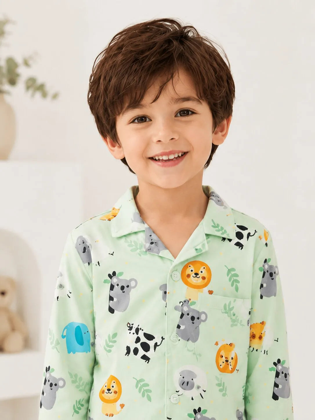 Kids Mint Green Animal Print Satin Night suit Set