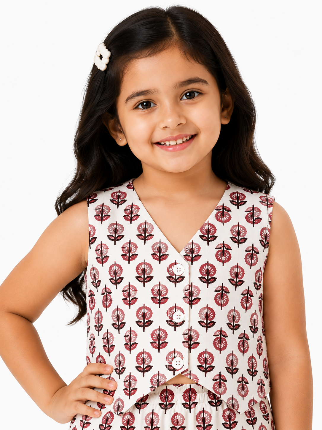 Girls Pure Cotton Printed Vest Style Crop Top and Wide-Leg Trousers Co-Ord Set