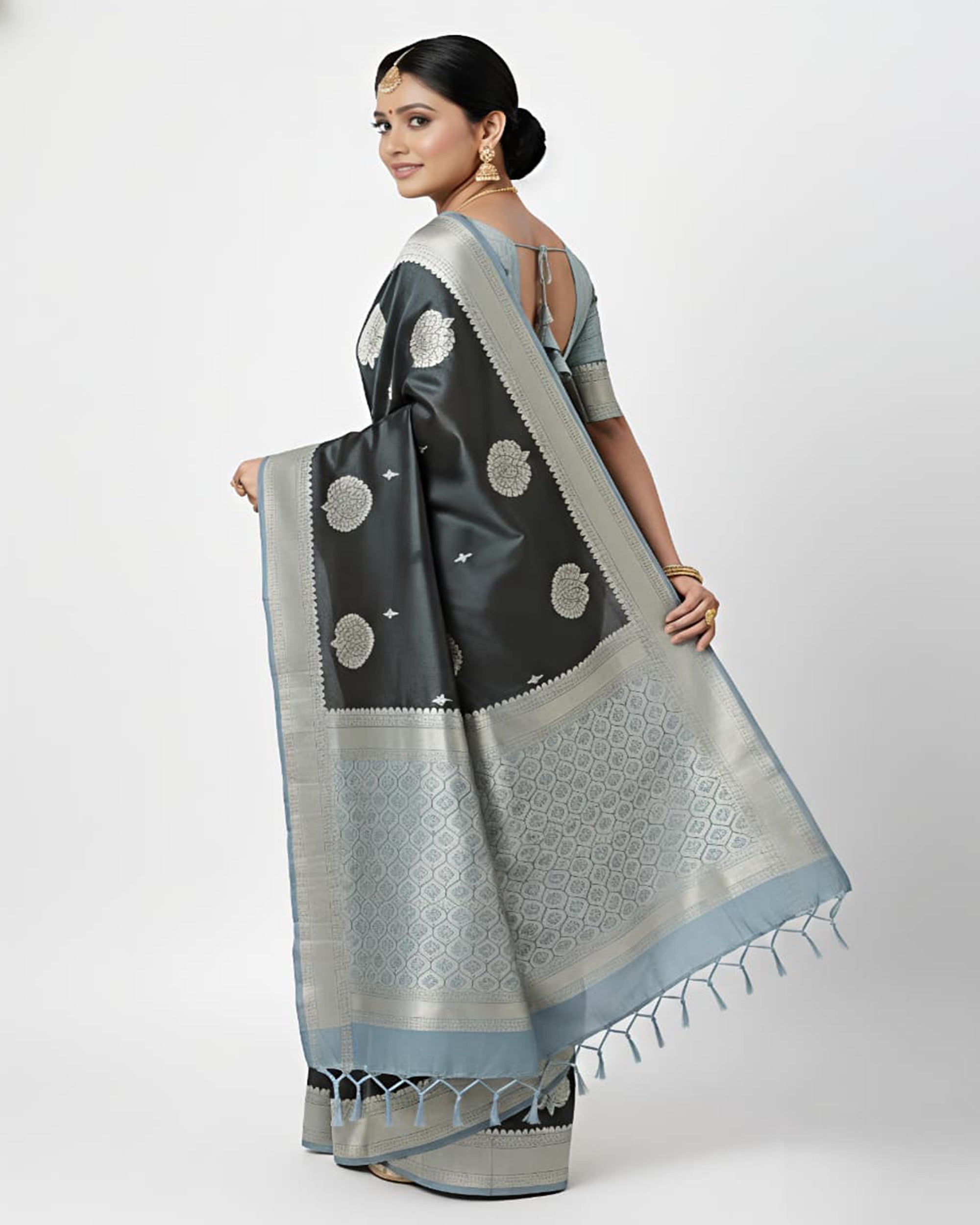 Charcoal Grey & Silver-Toned Art Silk Kanjeevaram Style Saree with Blouse Piece