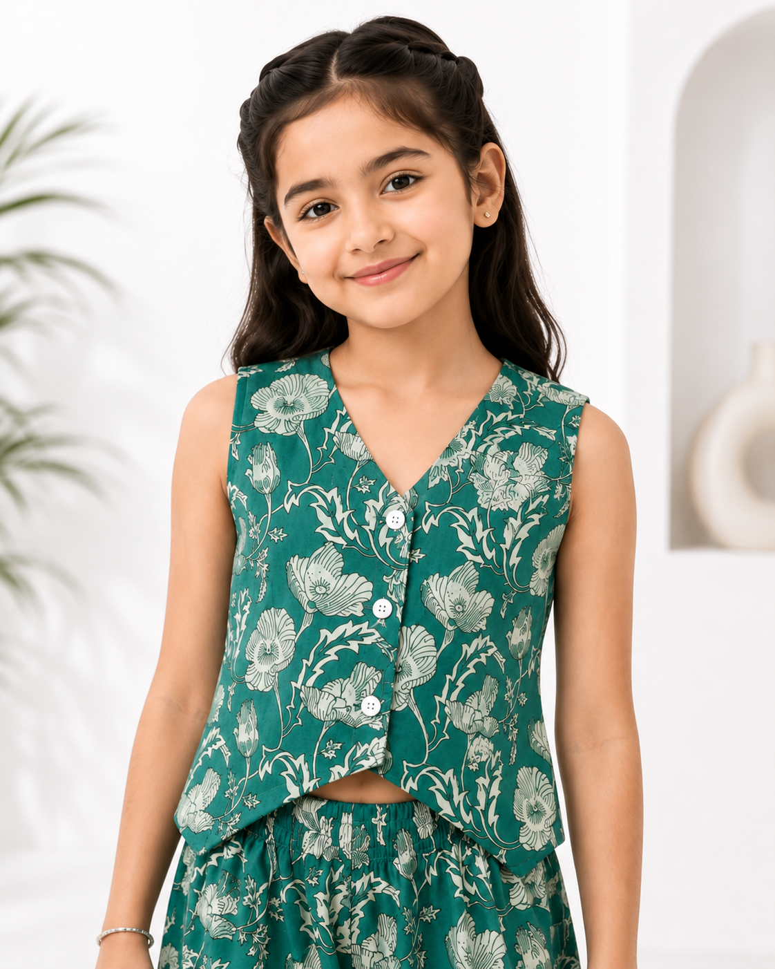 Girls Emerald Green Floral Printed V-Neck Vest & Wide-Leg Co-Ord Set