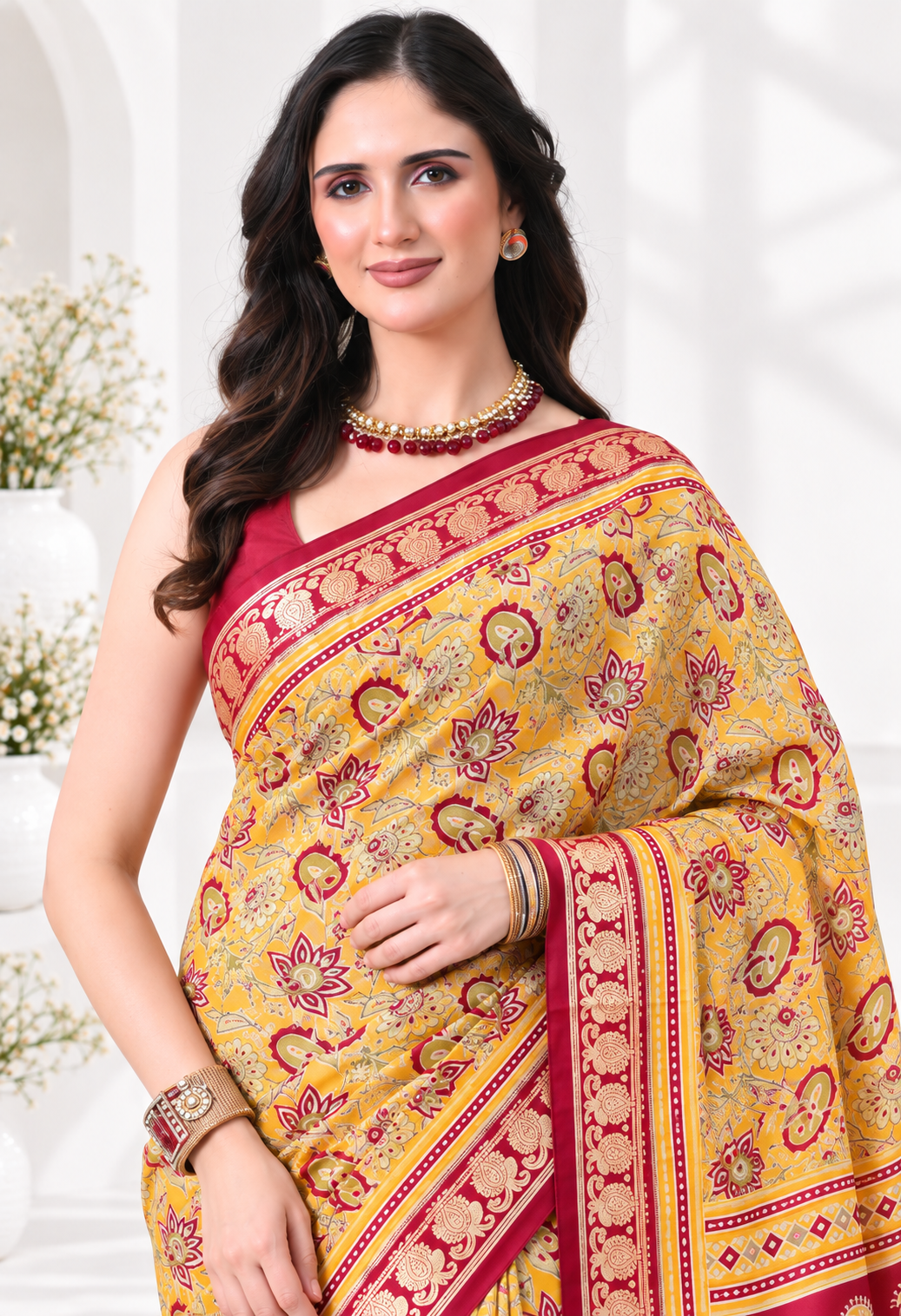Elegant Mustard Yellow Printed Saree with Maroon Traditional Border