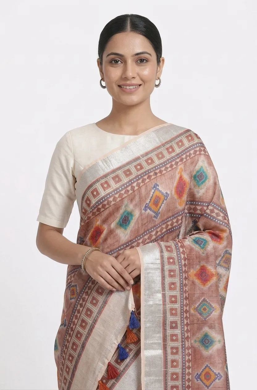 Women Beige & Mauve Geometric Ethnic Motifs Printed Pure Cotton Saree