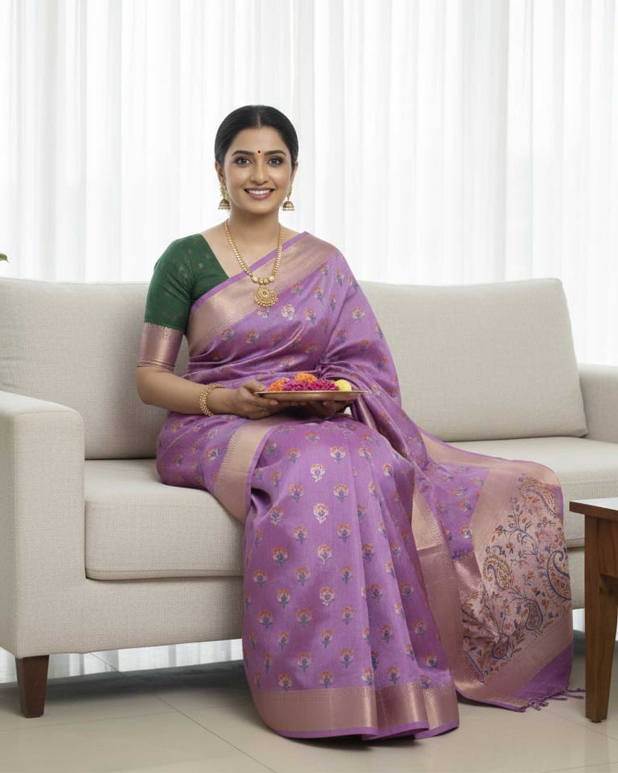 Women Lavender & Rose Gold-Toned Silk Blend Floral Printed Kanjeevaram Saree with Zari Border