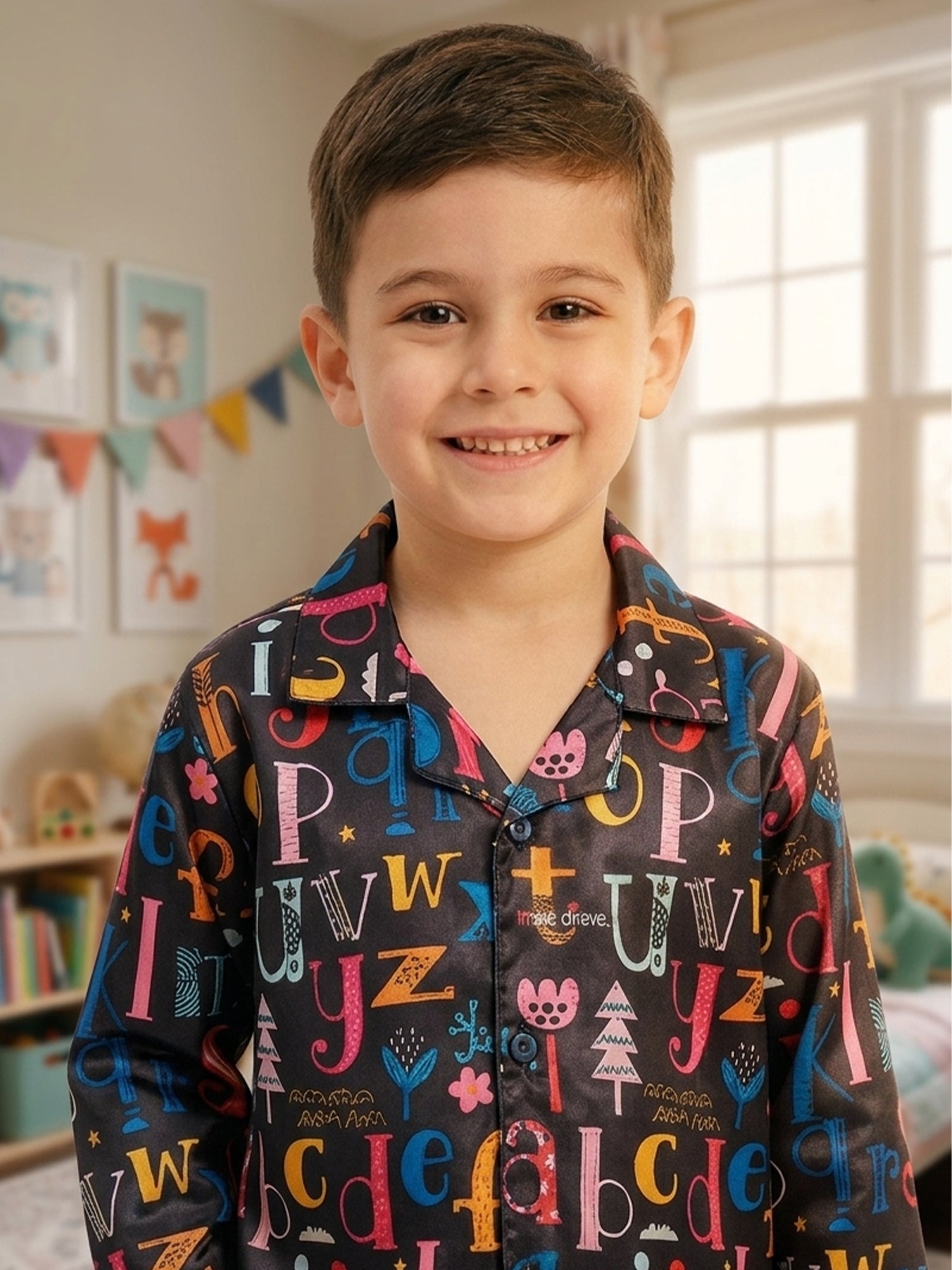 Boys Black Alphabet Print Nightsuit - Full Sleeves Shirt & Pyjamas Set