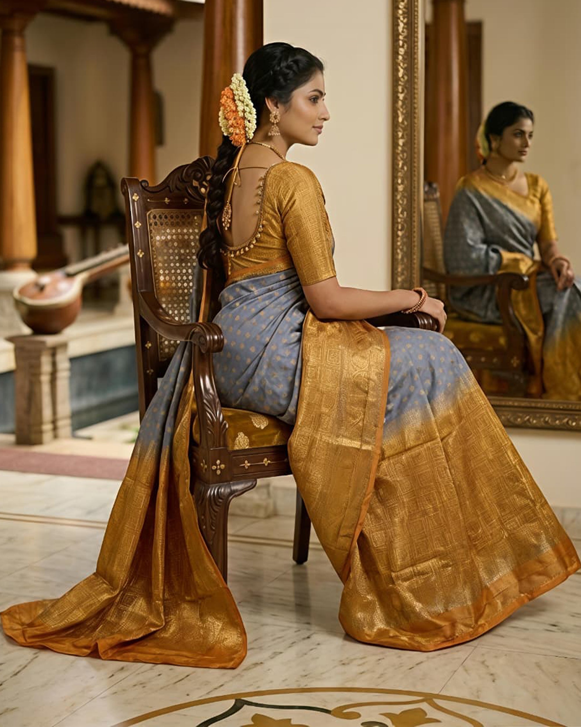 Steel Blue & Gold-Toned Silk Blend Kanjeevaram Style Saree