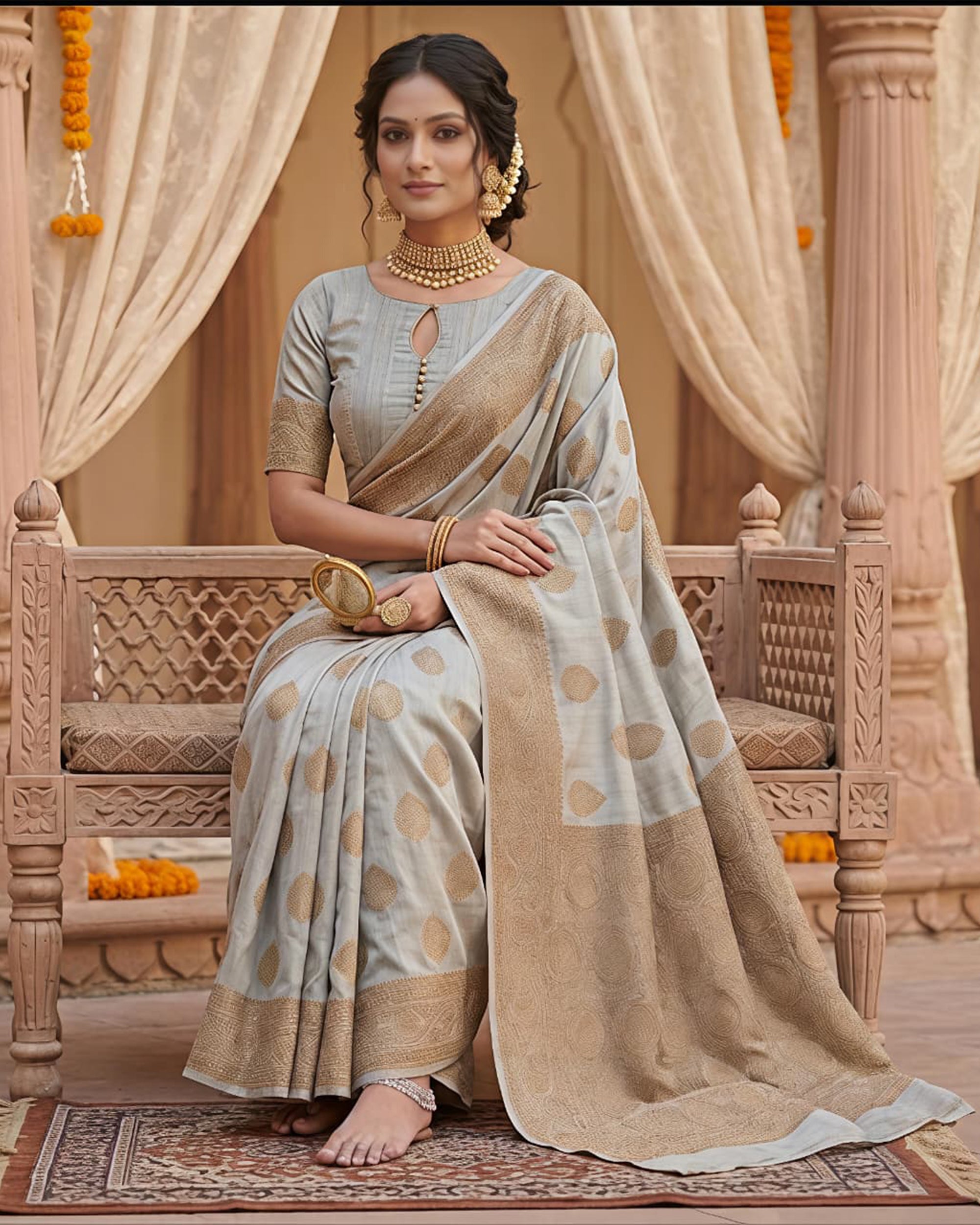Silk Blend Woven Design Zari Banarasi Saree with Blouse Piece