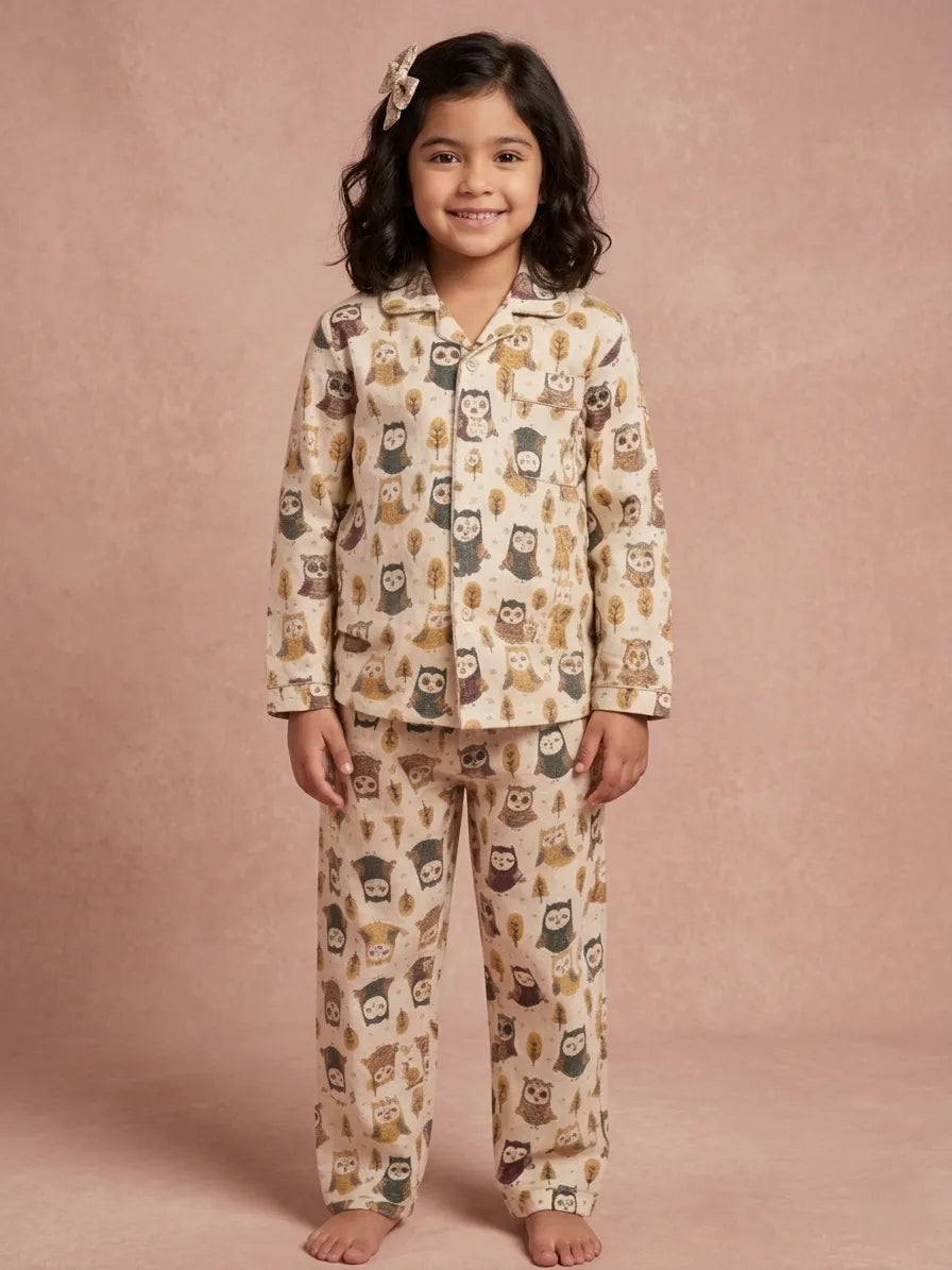 Girls Cream & Brown Owl Print Pure Cotton Night Suit