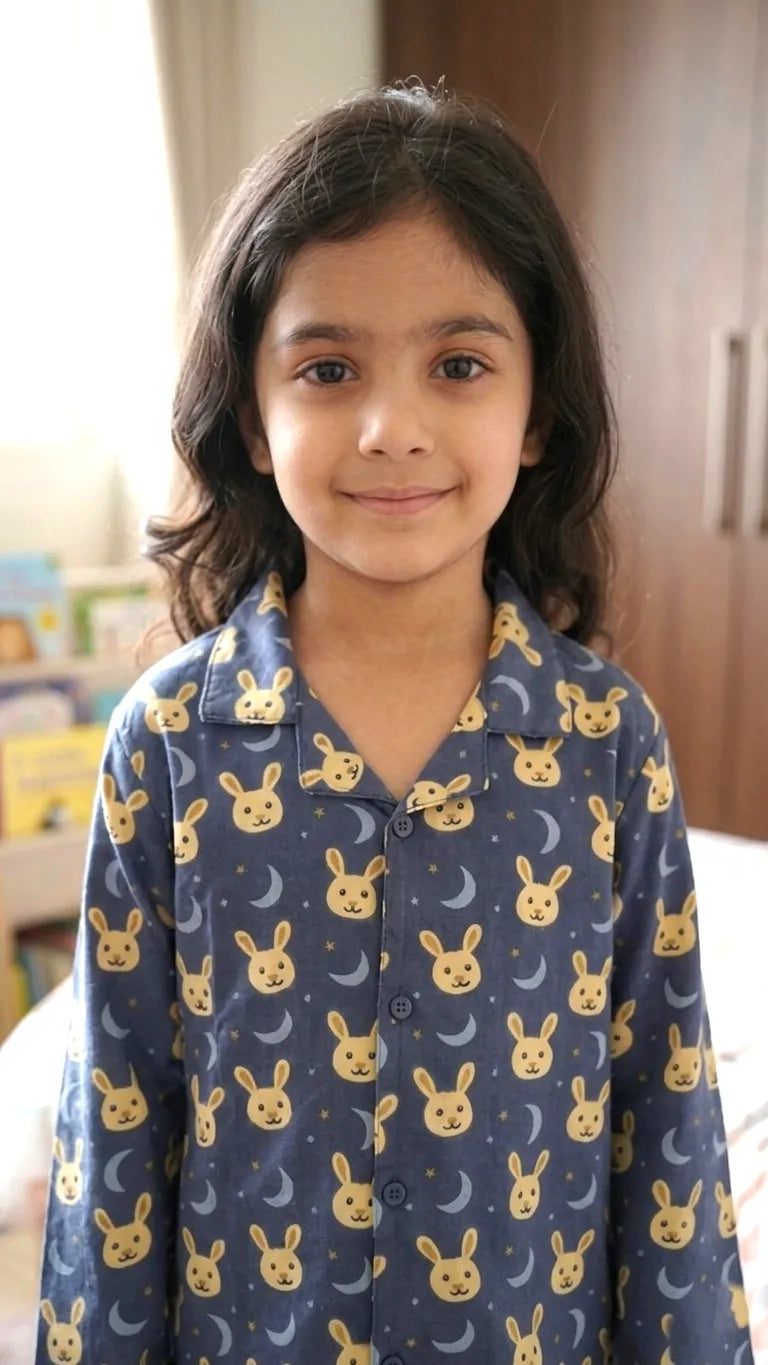 Kids' Pure Cotton Navy Blue Bunny & Moon Print Night Suit