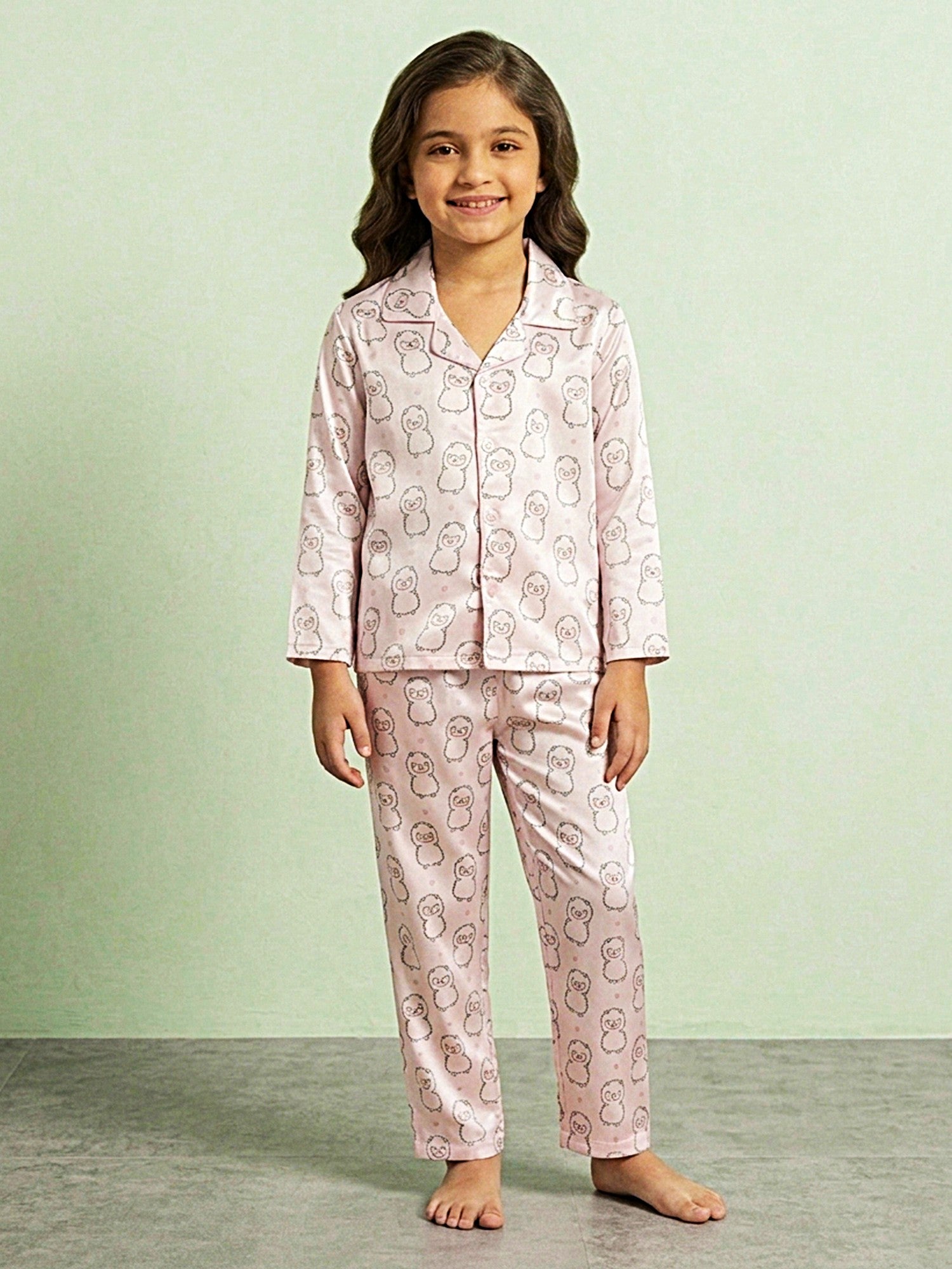 Girls Pink & White Cartoon Print Satin Night Suit Set