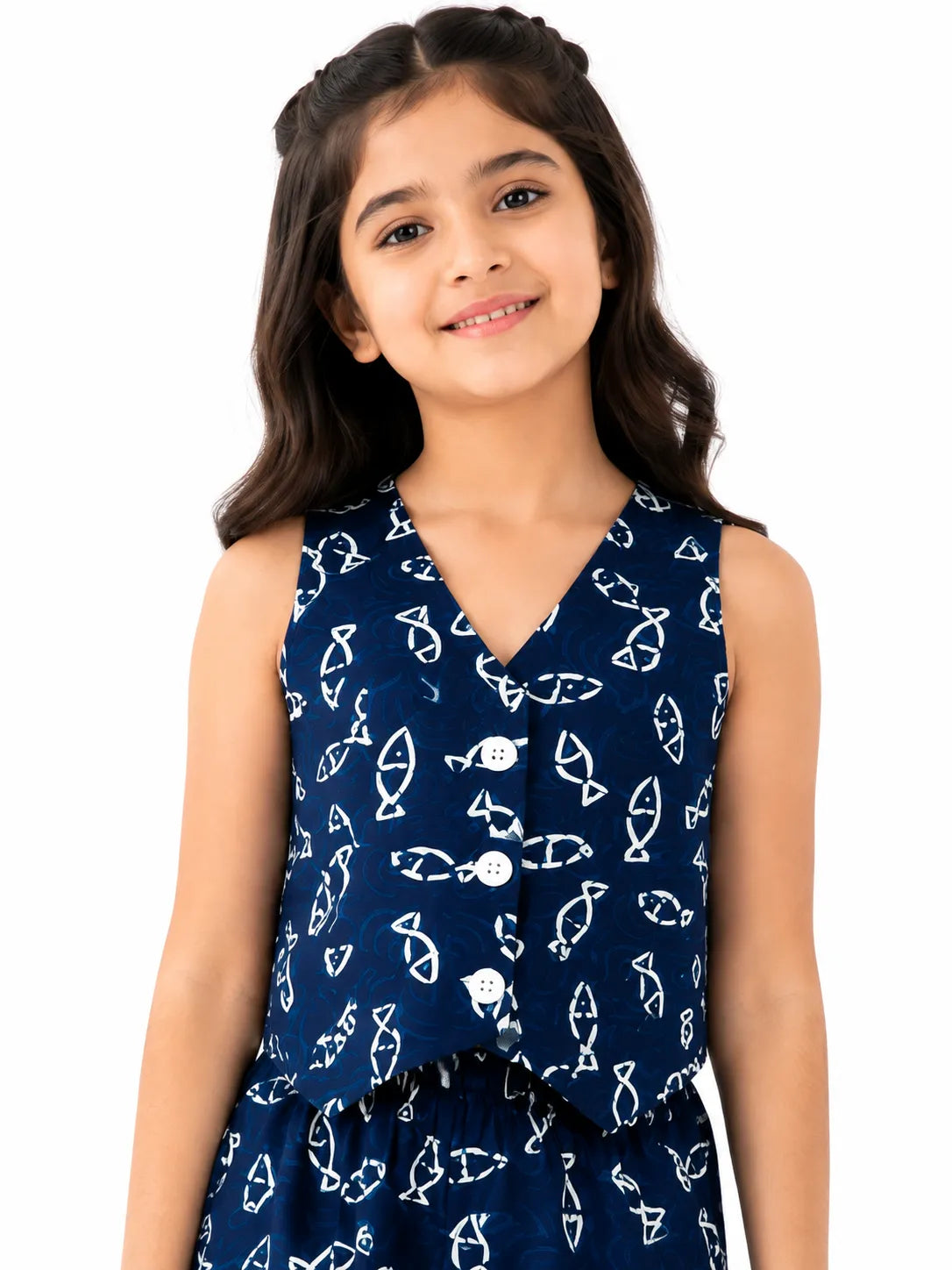 Girls Navy Blue Fish-Print Vest Top & Wide-Leg Co-Ord Set