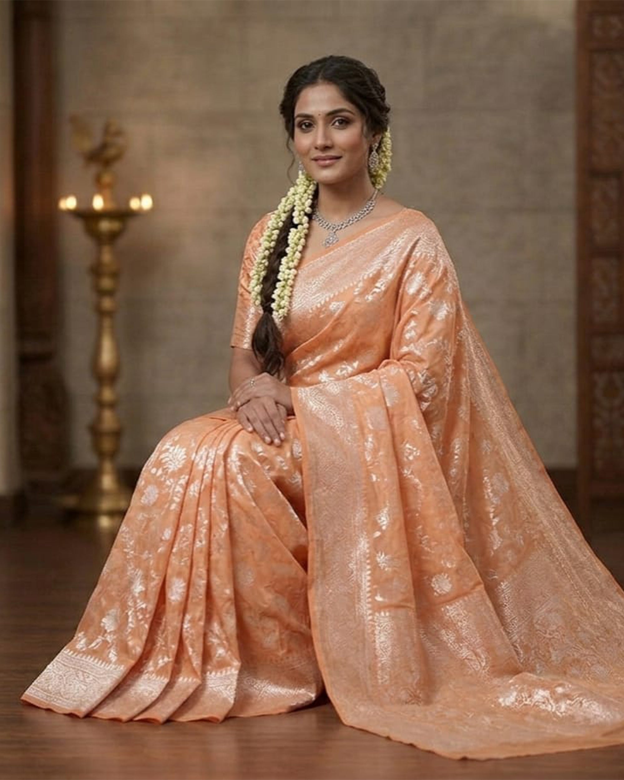 Peach & Silver-Toned Silk Blend Woven Design Banarasi Saree