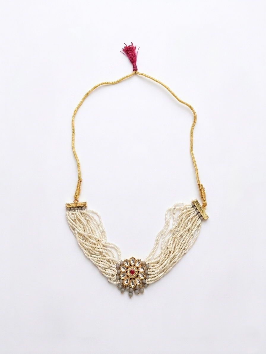 Gold-Toned & Off-White Handcrafted Multi-Strand Pearl Necklace with Nosepin