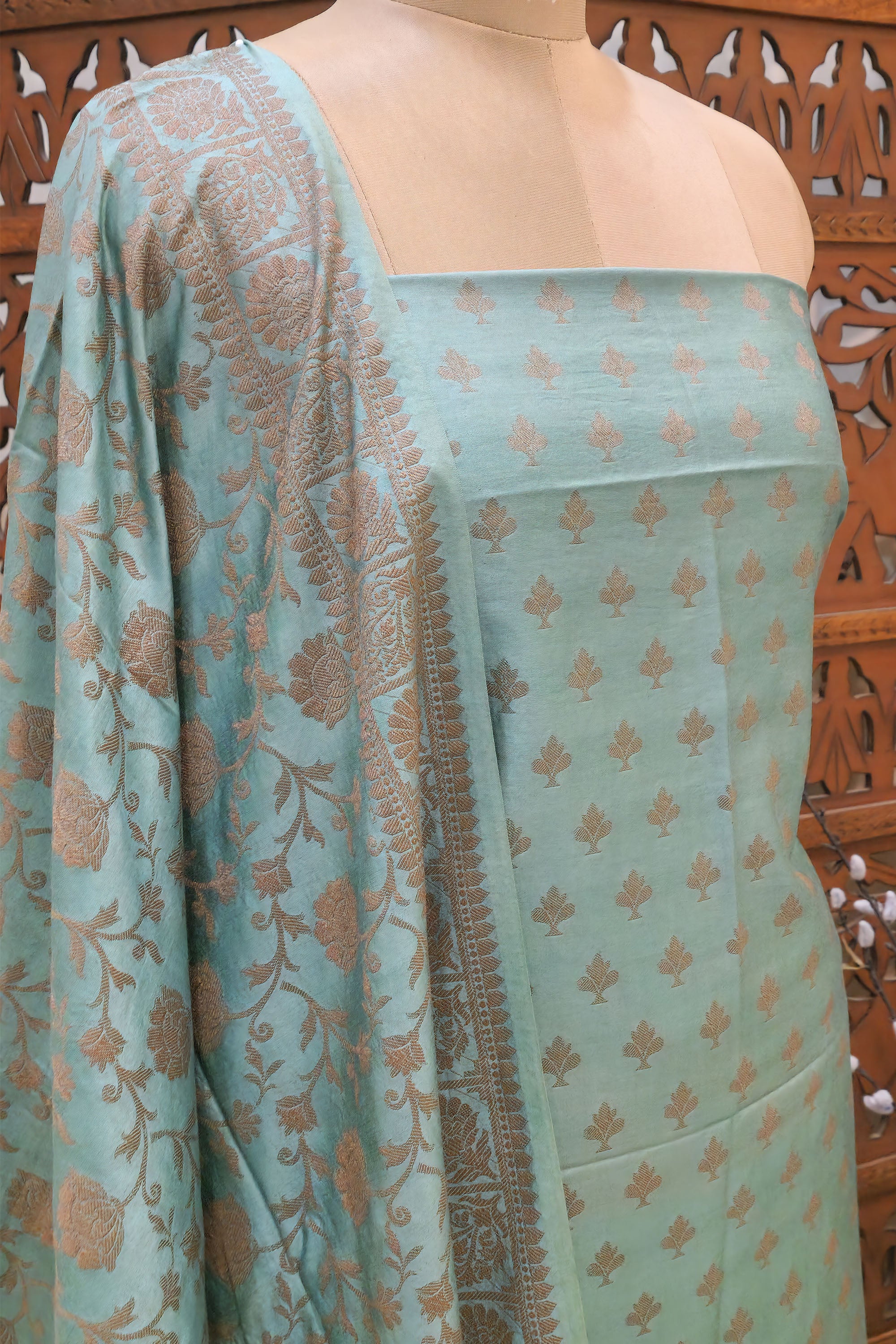 Women Sea Green & Copper-Toned Silk Blend Unstitched Dress Material with Banarasi Weaving