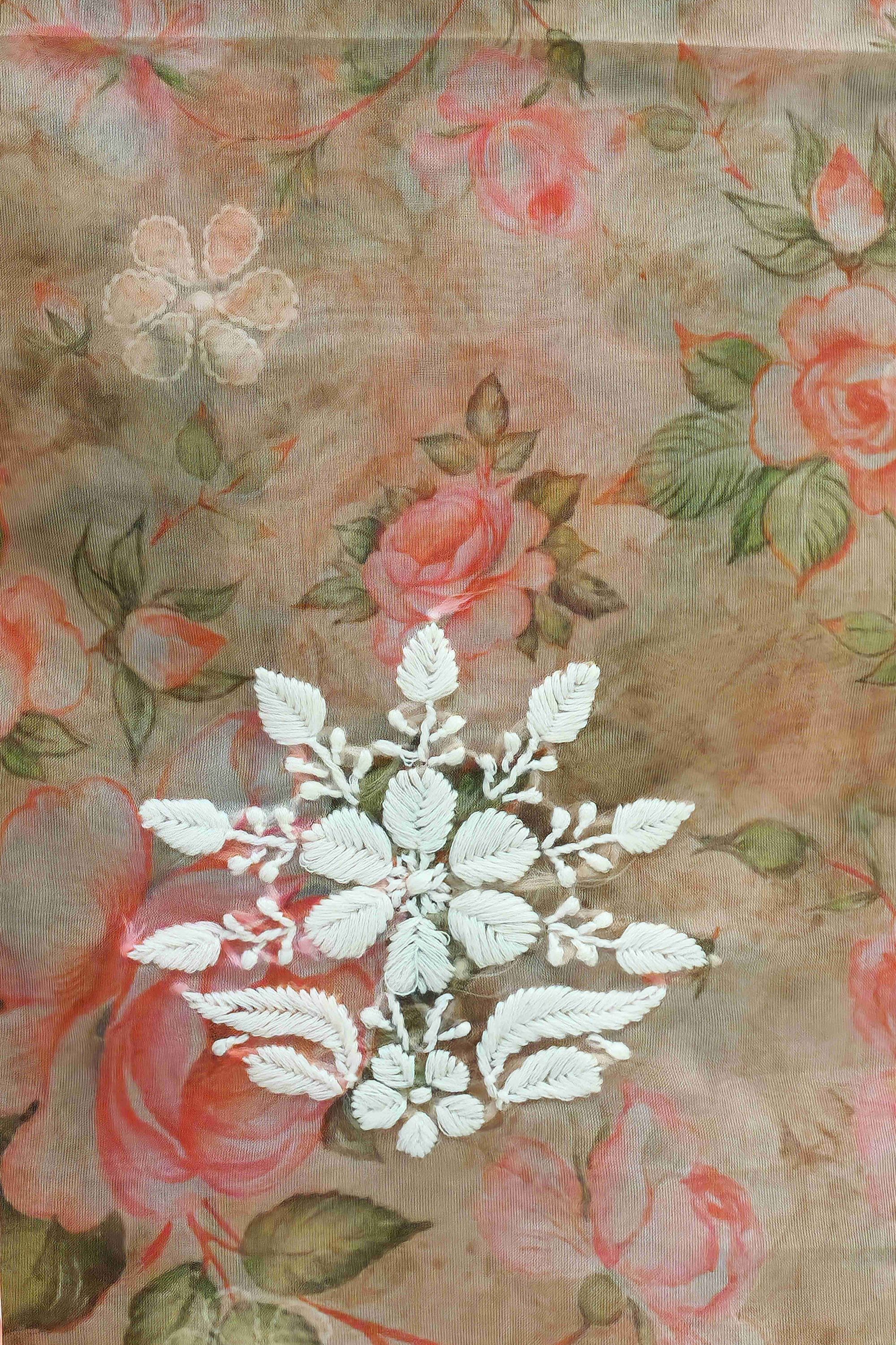 Women Dusty Pink & Rose Floral Printed Organza Unstitched Dress Material with White Chikankari-style Embroidery