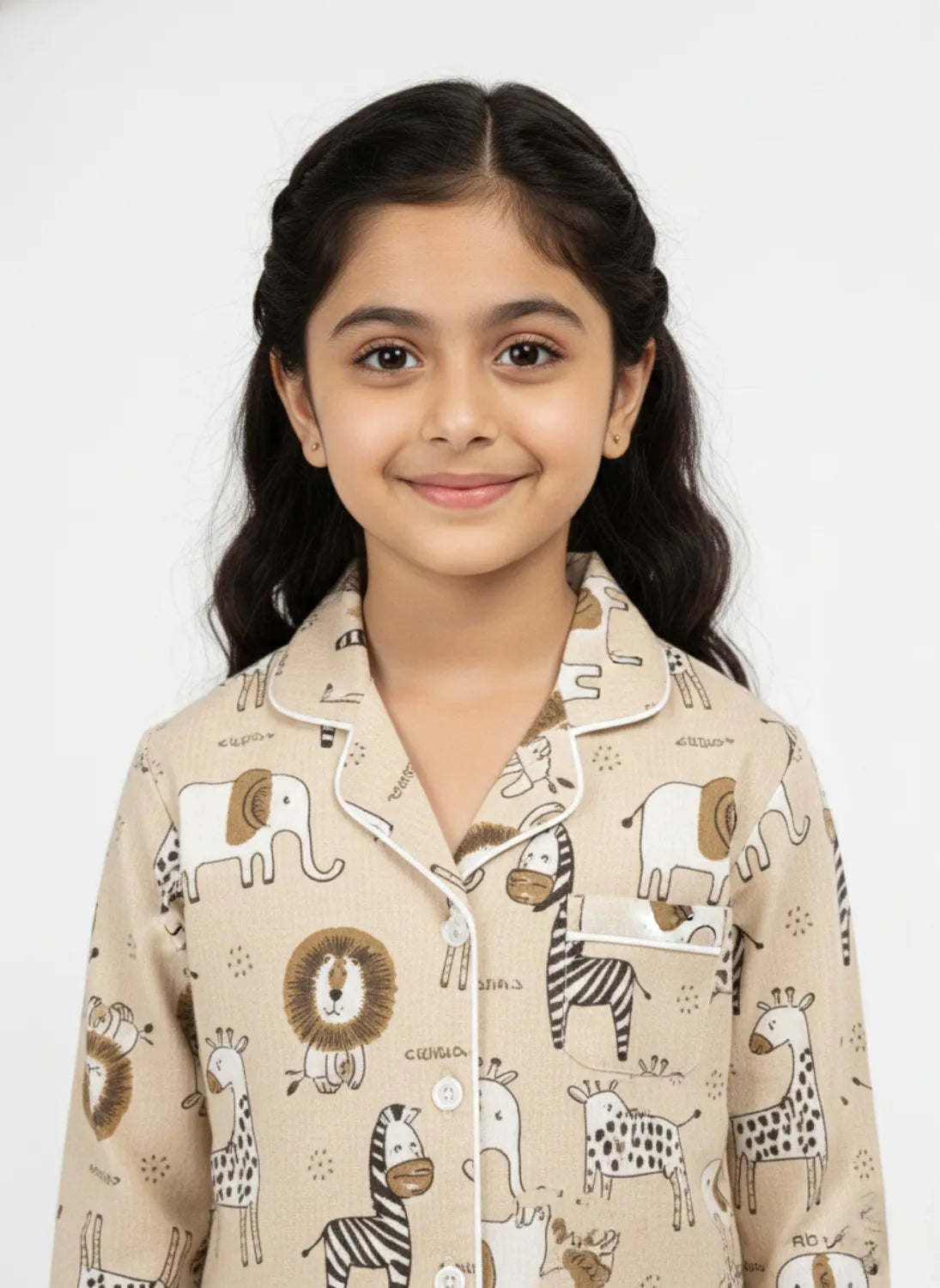 Kids Girls Full Sleeve Collared Pure Cotton Night Suit