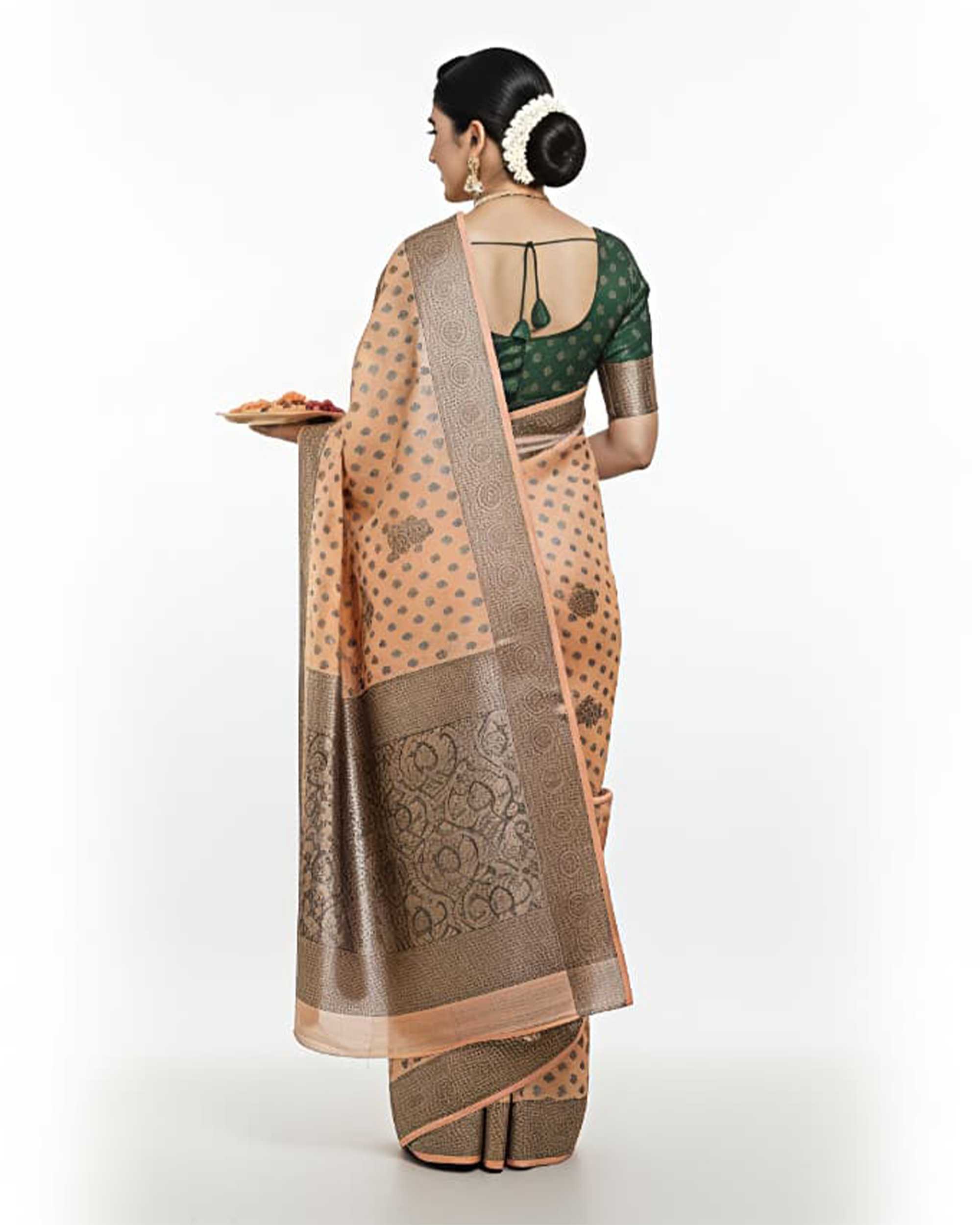 Women Peach & Bronze-Toned Zari Silk Blend Banarasi Saree with Unstitched Blouse Piece