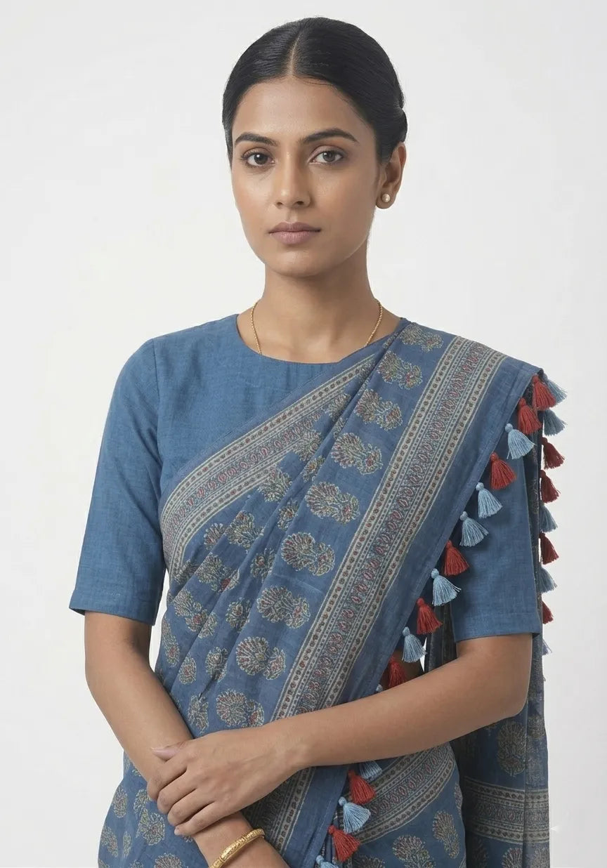 Indigo Blue Floral Printed Pure Cotton Saree with Tassels