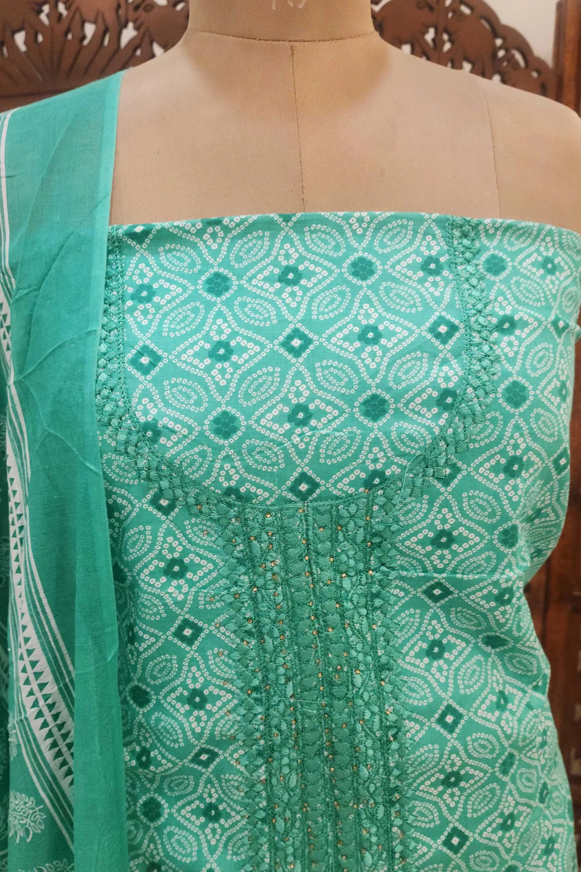 Unstitched Sea Green Cotton Bandhani Printed Dress Material with Embroidered Neckline