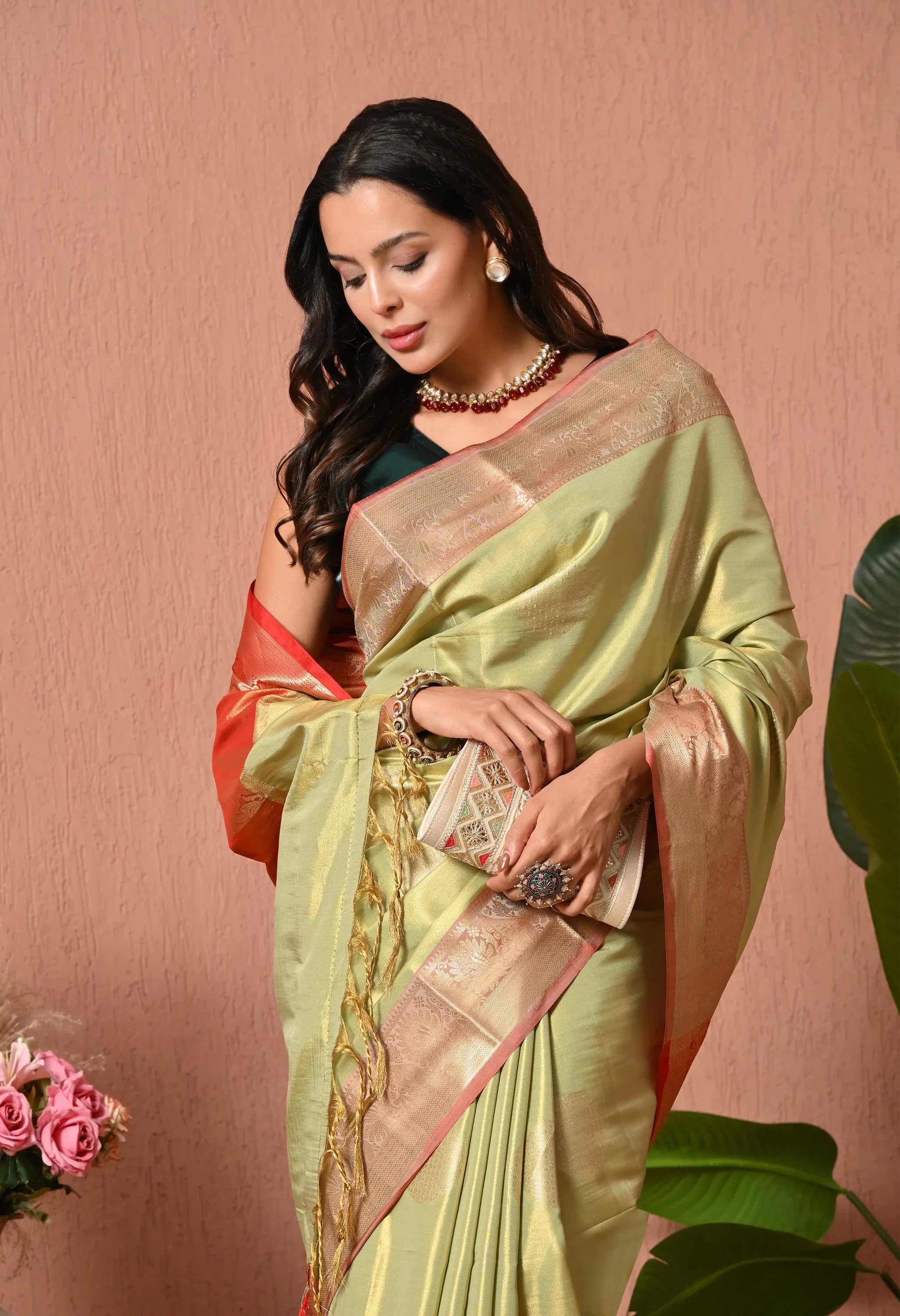 Silk Blend Saree in Pastel Olive & Coral Copper