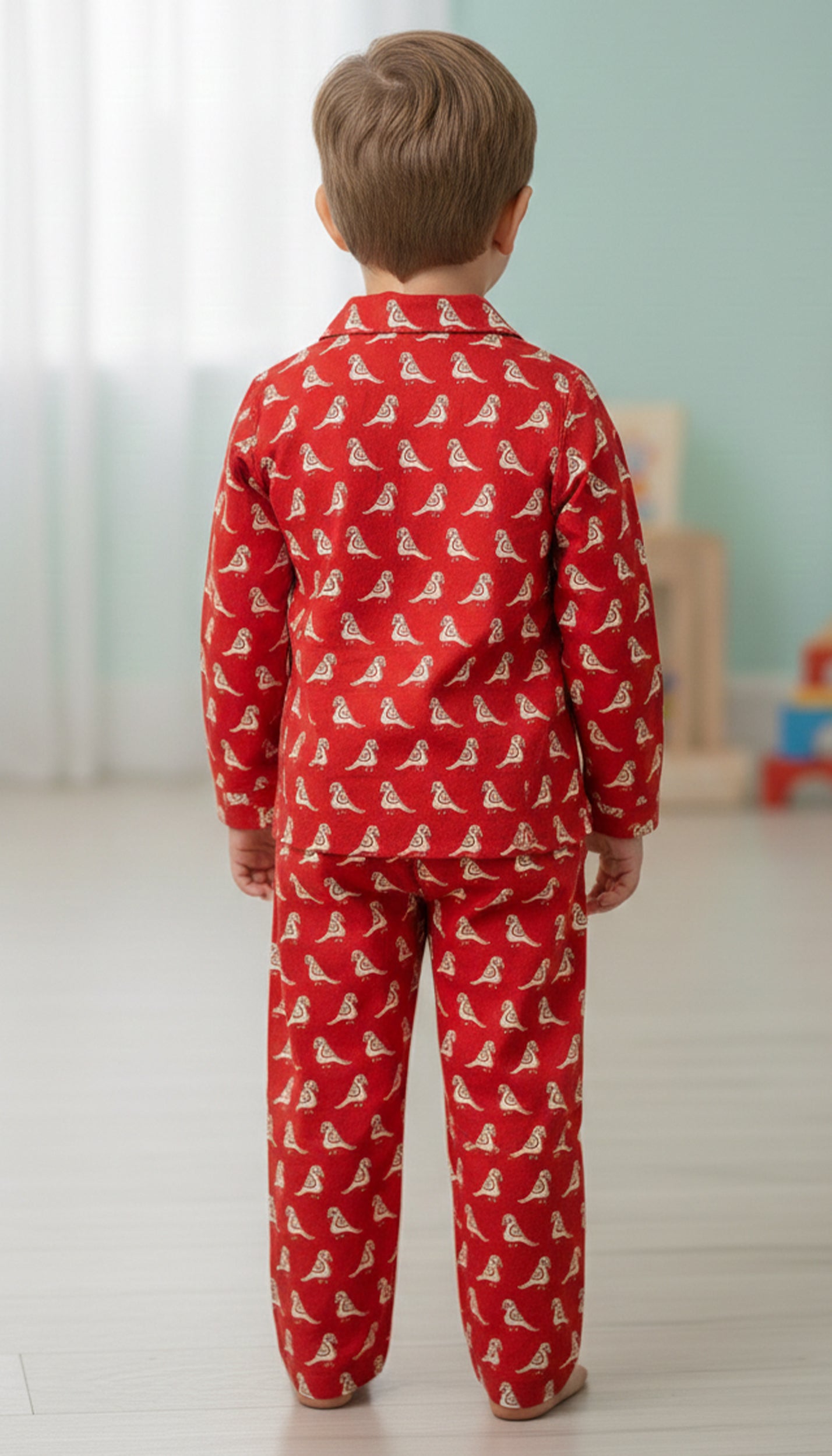 Boys Red & White Bird Print Cotton Night Suit