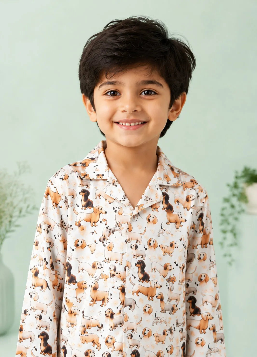 Kids' Satin Dog Print Night Suit Set – Cream