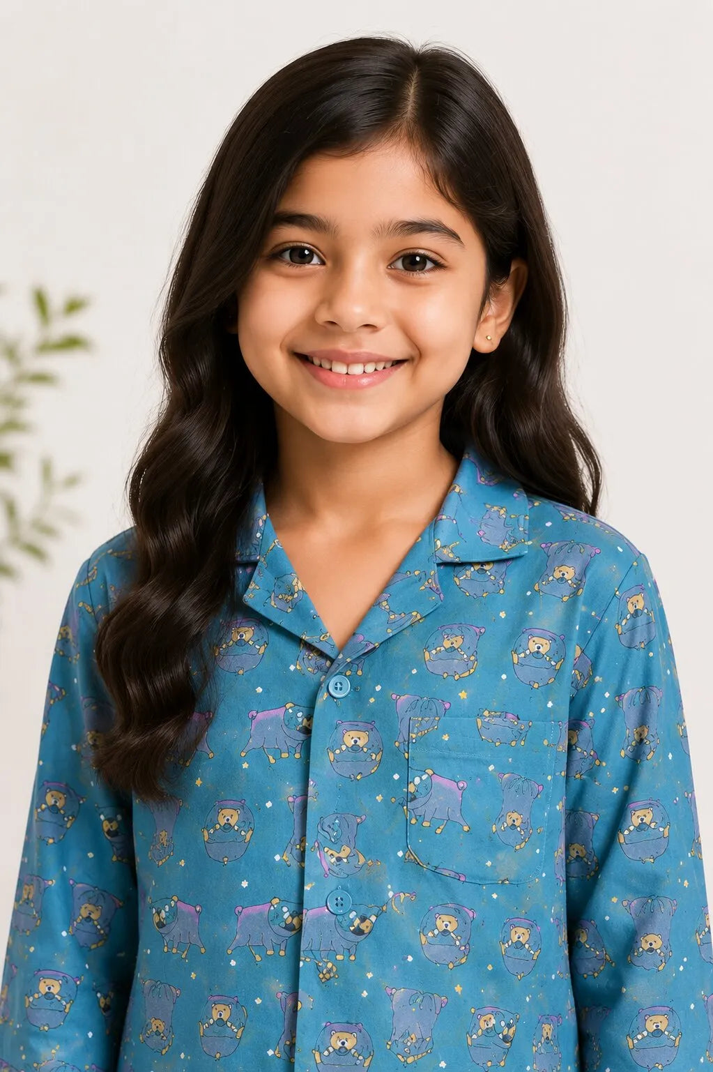 Teal Blue & Grey Hedgehog Print Pure Cotton Girls Night Suit