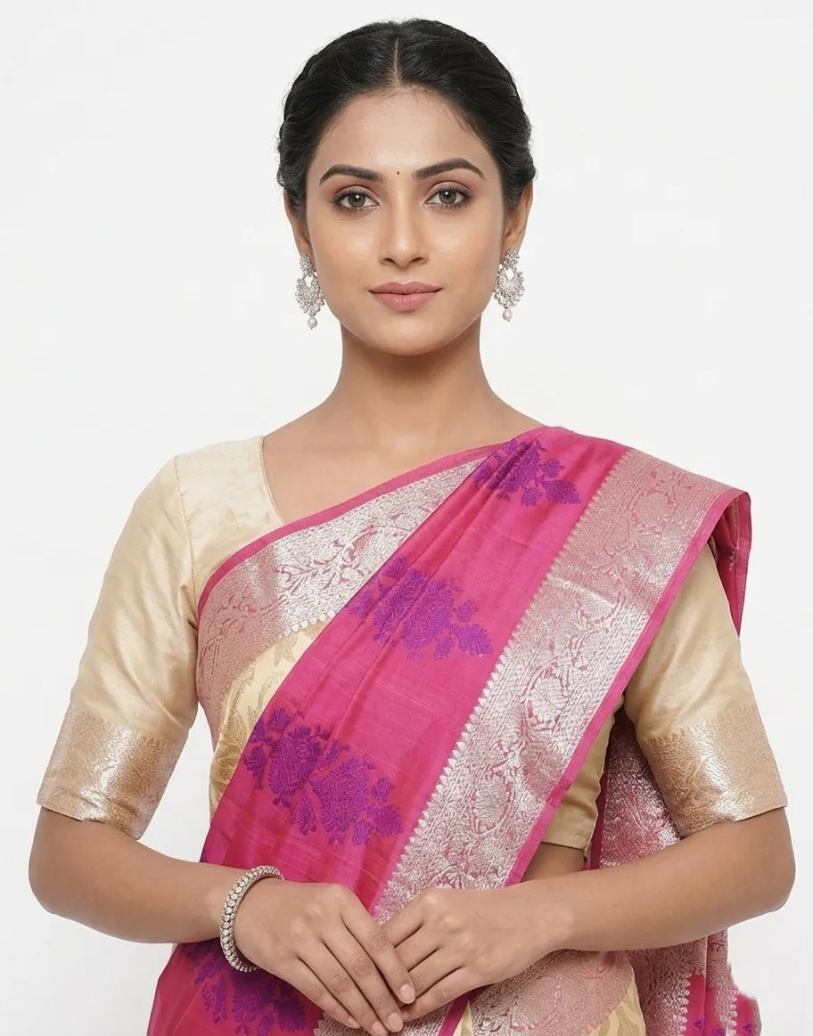 Cream & Pink Kanjeevaram Style Woven Design Silk Blend Saree