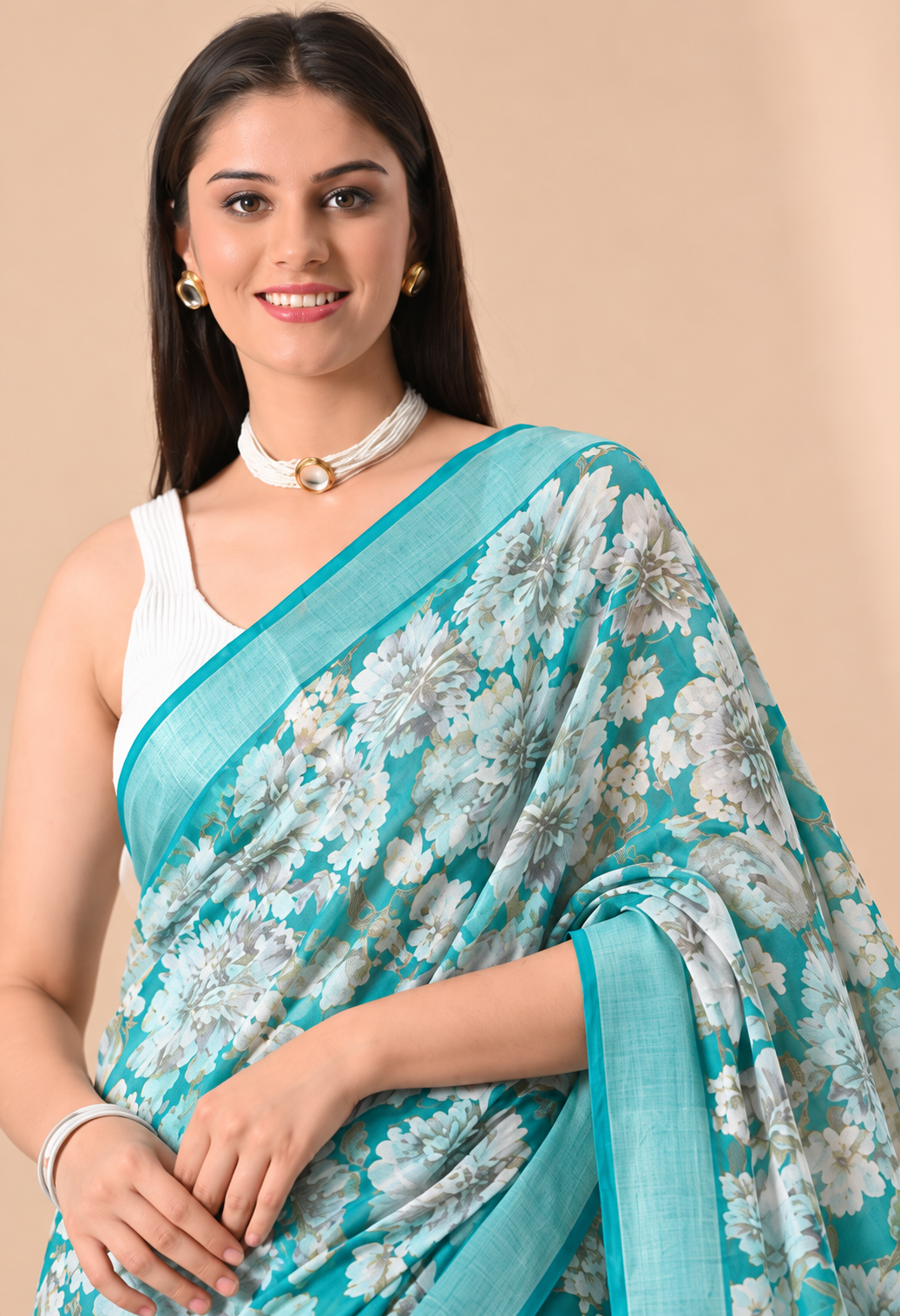 Elegant Green Cotton Saree with Floral Print