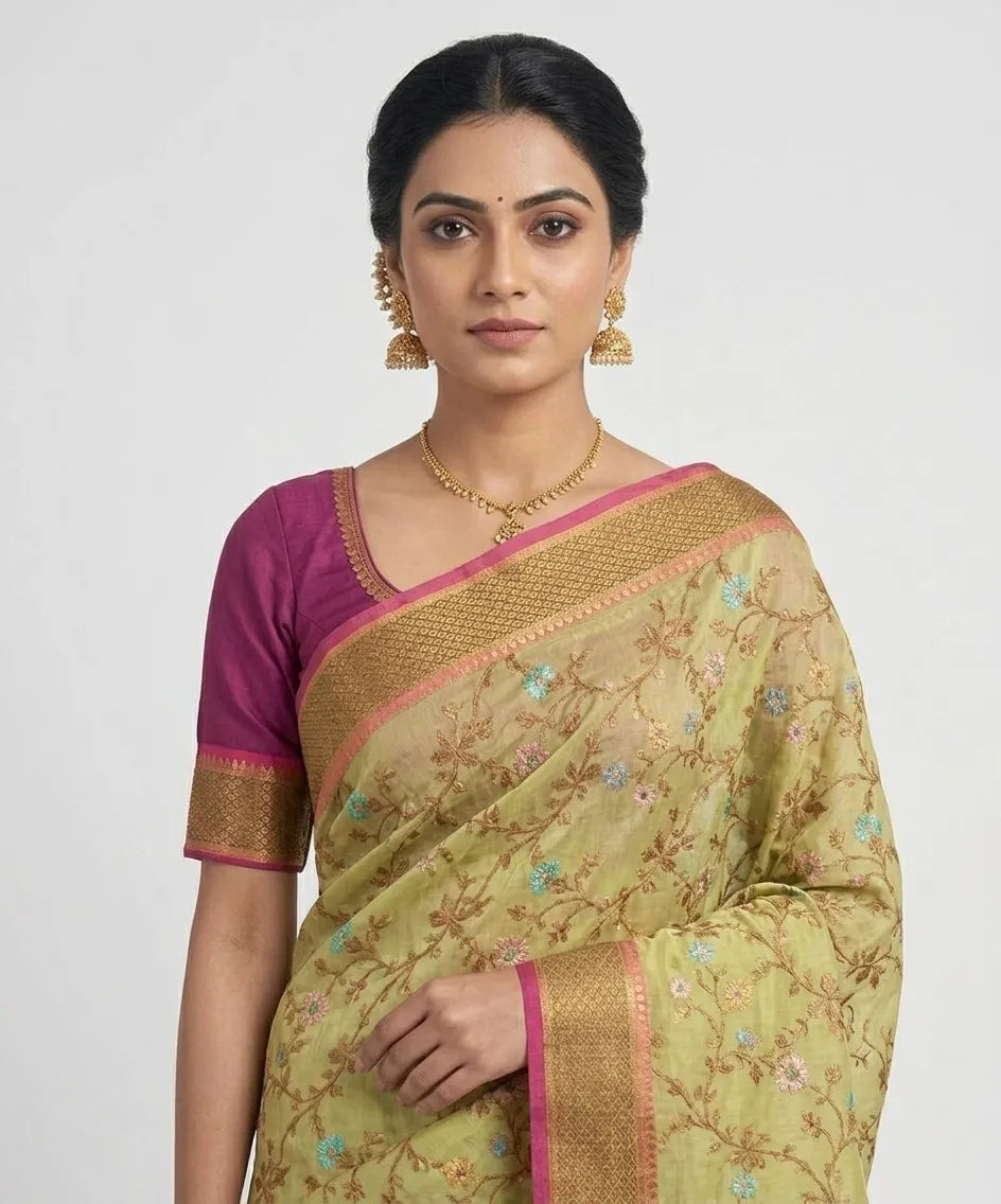 Olive Green & Magenta Floral Woven Design Silk Blend Saree