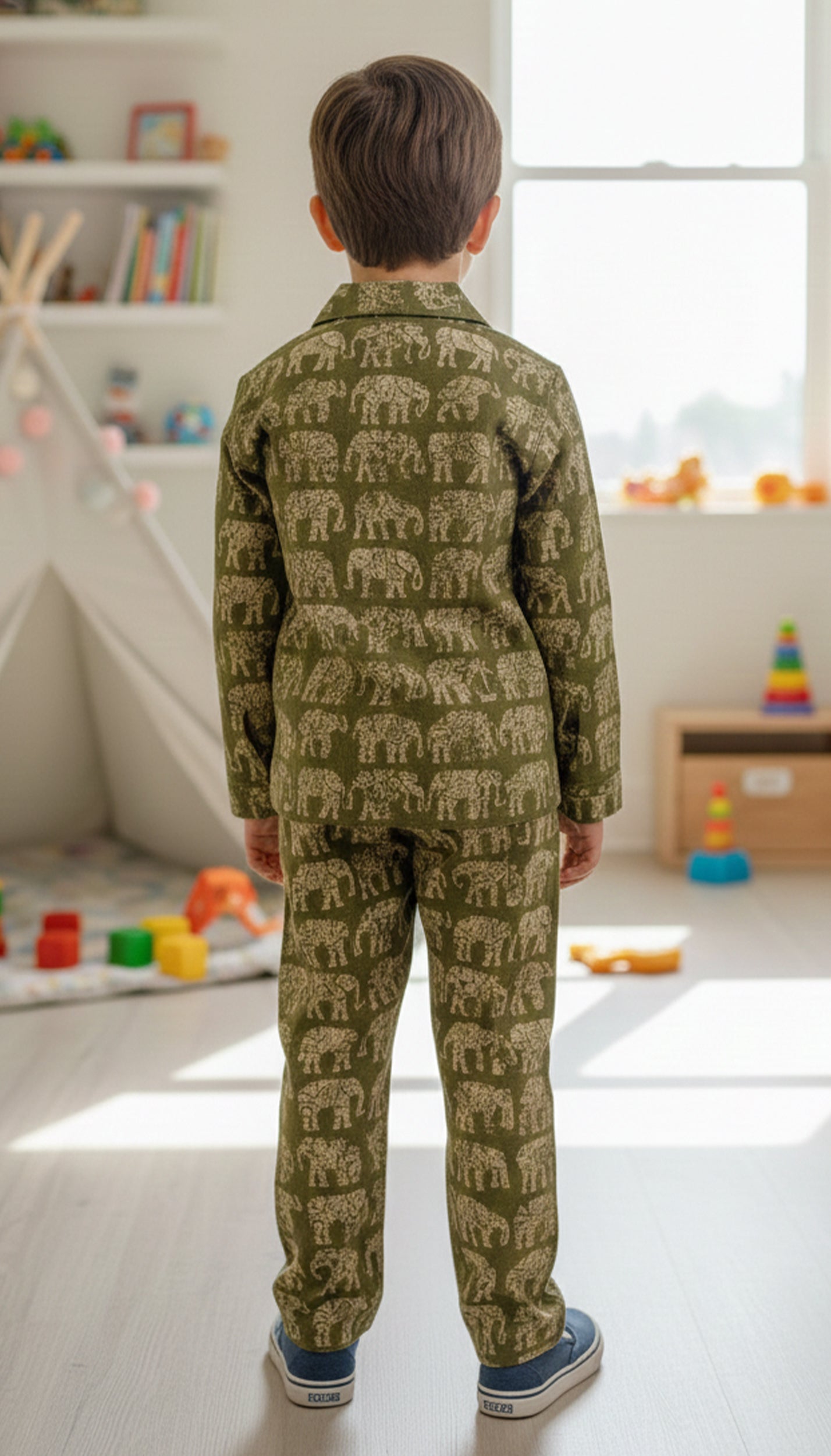 Kids Olive Green & Beige Elephant Print Cotton Lounge Set