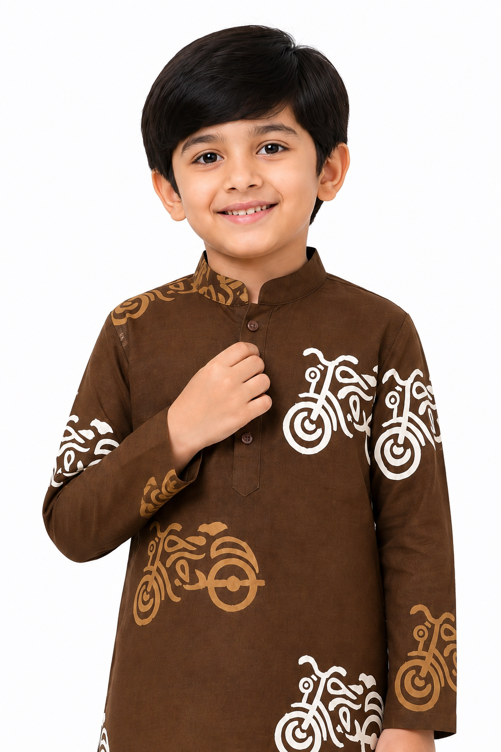 Boys Brown & White Quirky Auto-Rickshaw Printed Pure Cotton Kurta with Pyjamas