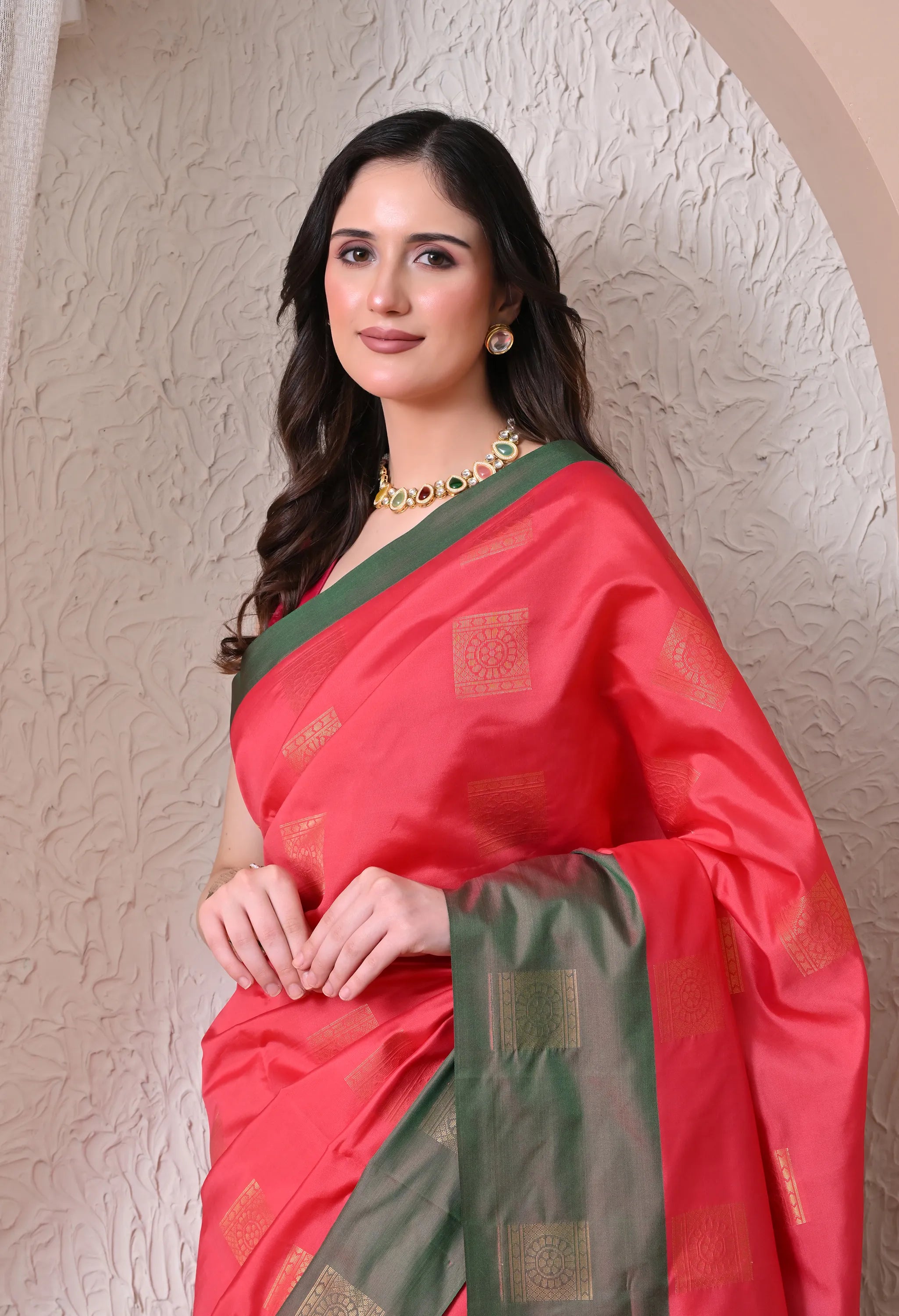 Silk Blend Saree in Coral Pink & Deep Olive