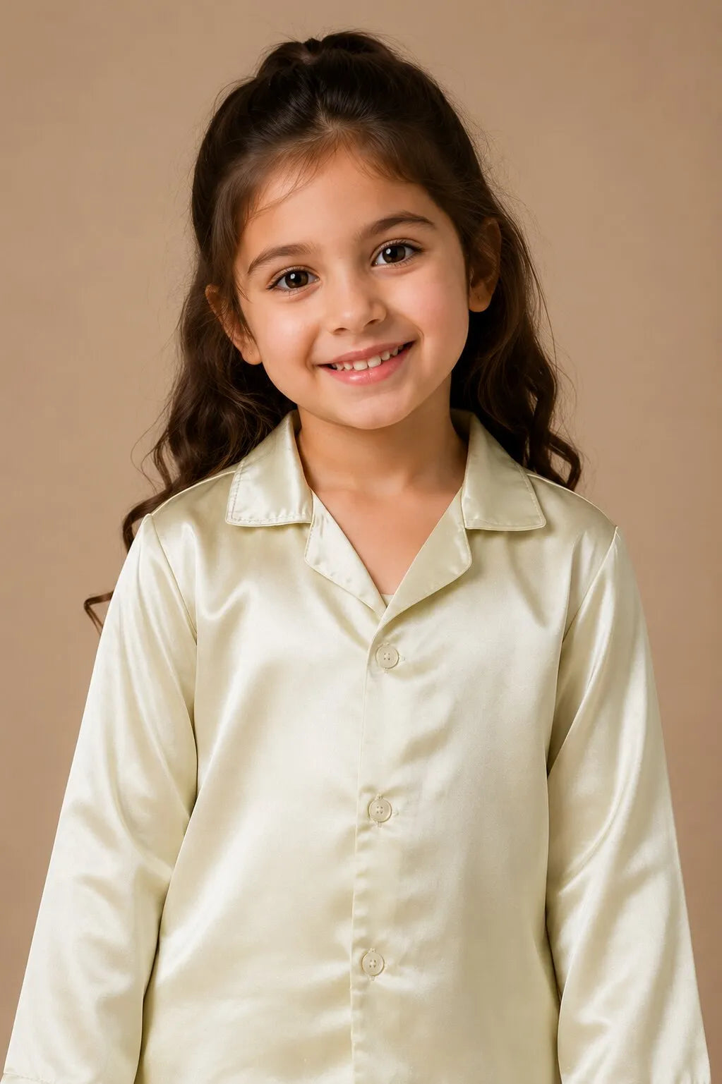 Girls Luxurious Solid Satin Night Suit – Comfortable Full-Sleeve Button-Down Shirt & Pyjama Set